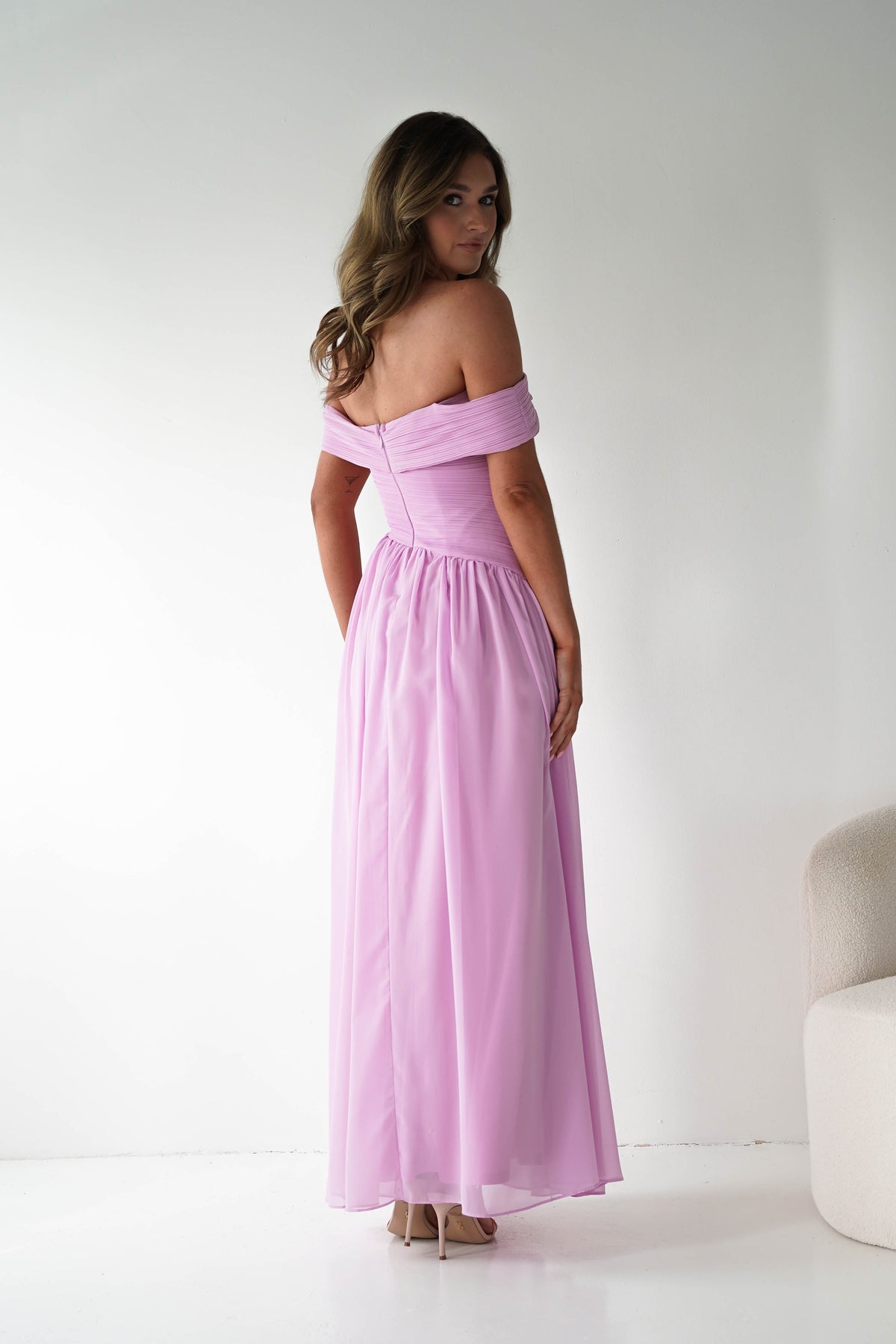 Connie Off The Shoulder Chiffon Maxi Dress | Pink-Oh Hello Clothing