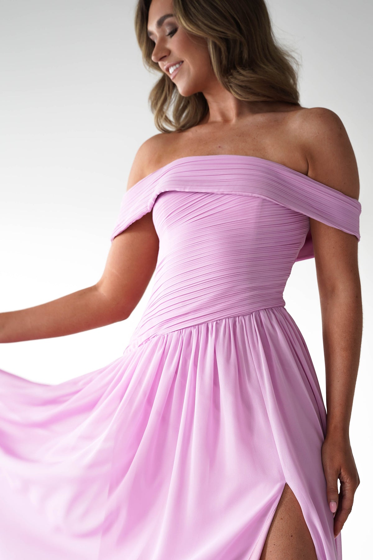 Connie Off The Shoulder Chiffon Maxi Dress | Pink-Oh Hello Clothing