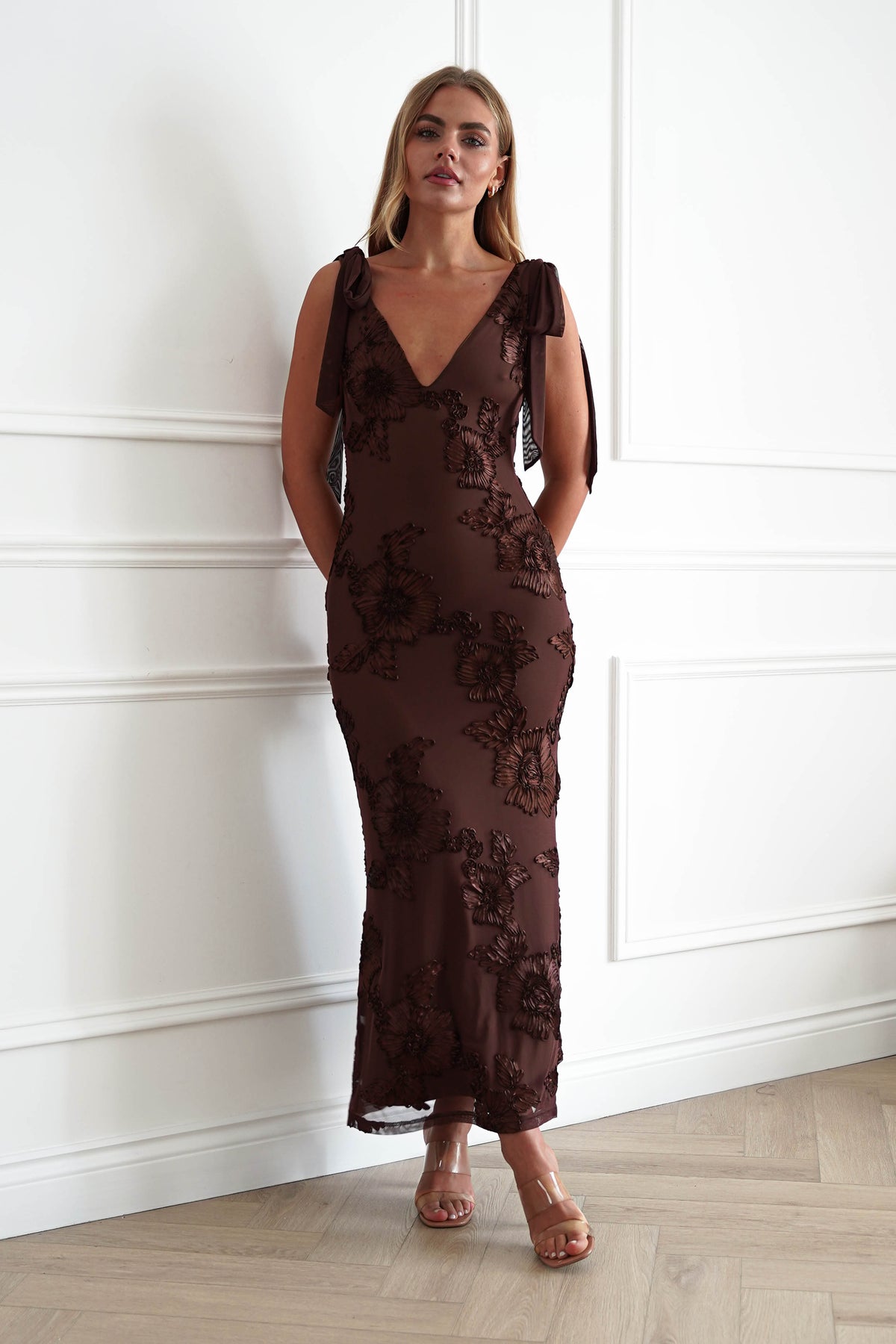 Cyra Floral Appliqué Maxi Dress | Brown-Oh Hello Clothing