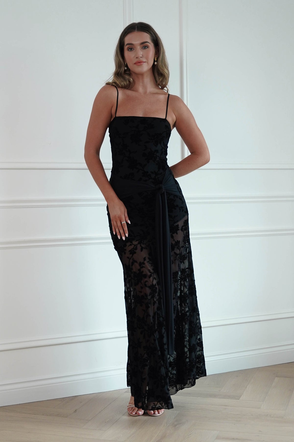 Florence Floral Lace Maxi Dress in Black