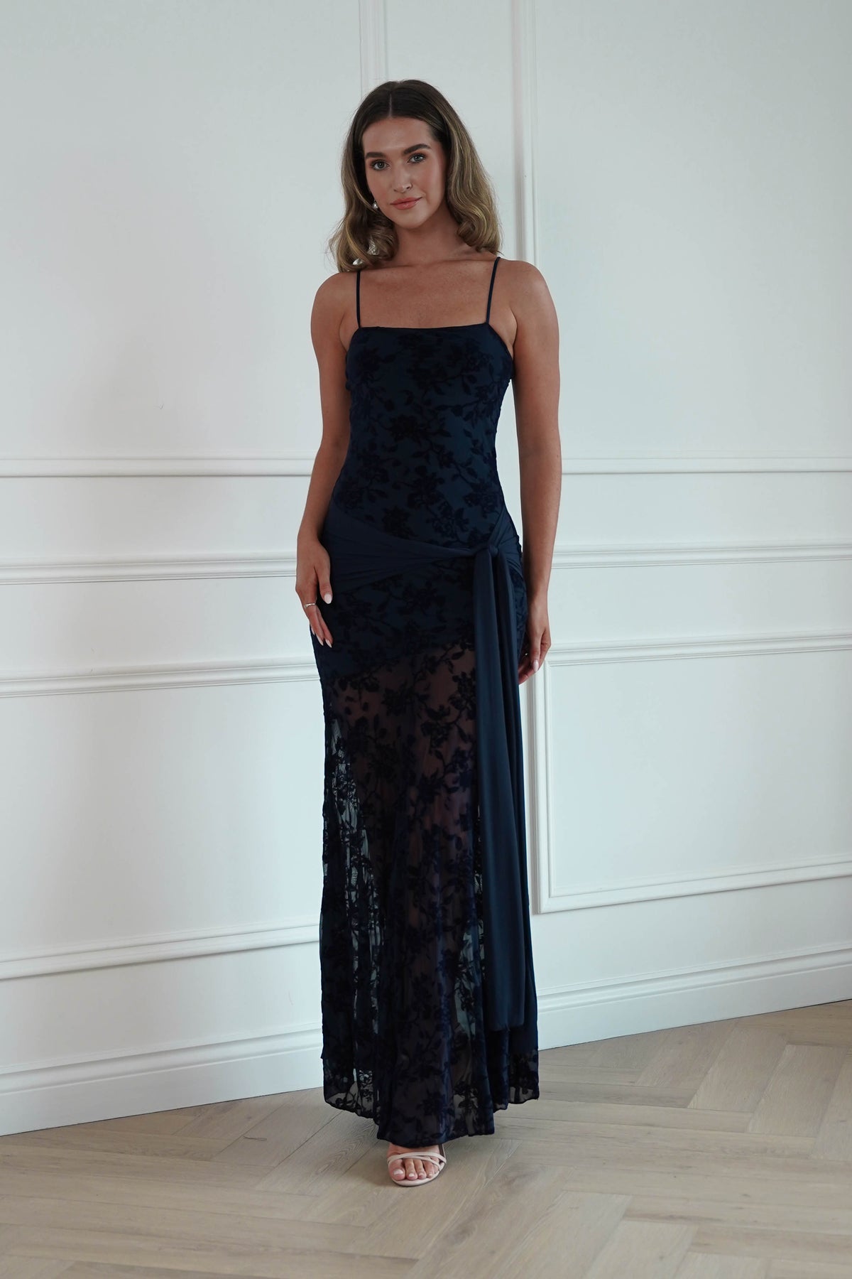 Florence Floral Lace Maxi Dress in Navy