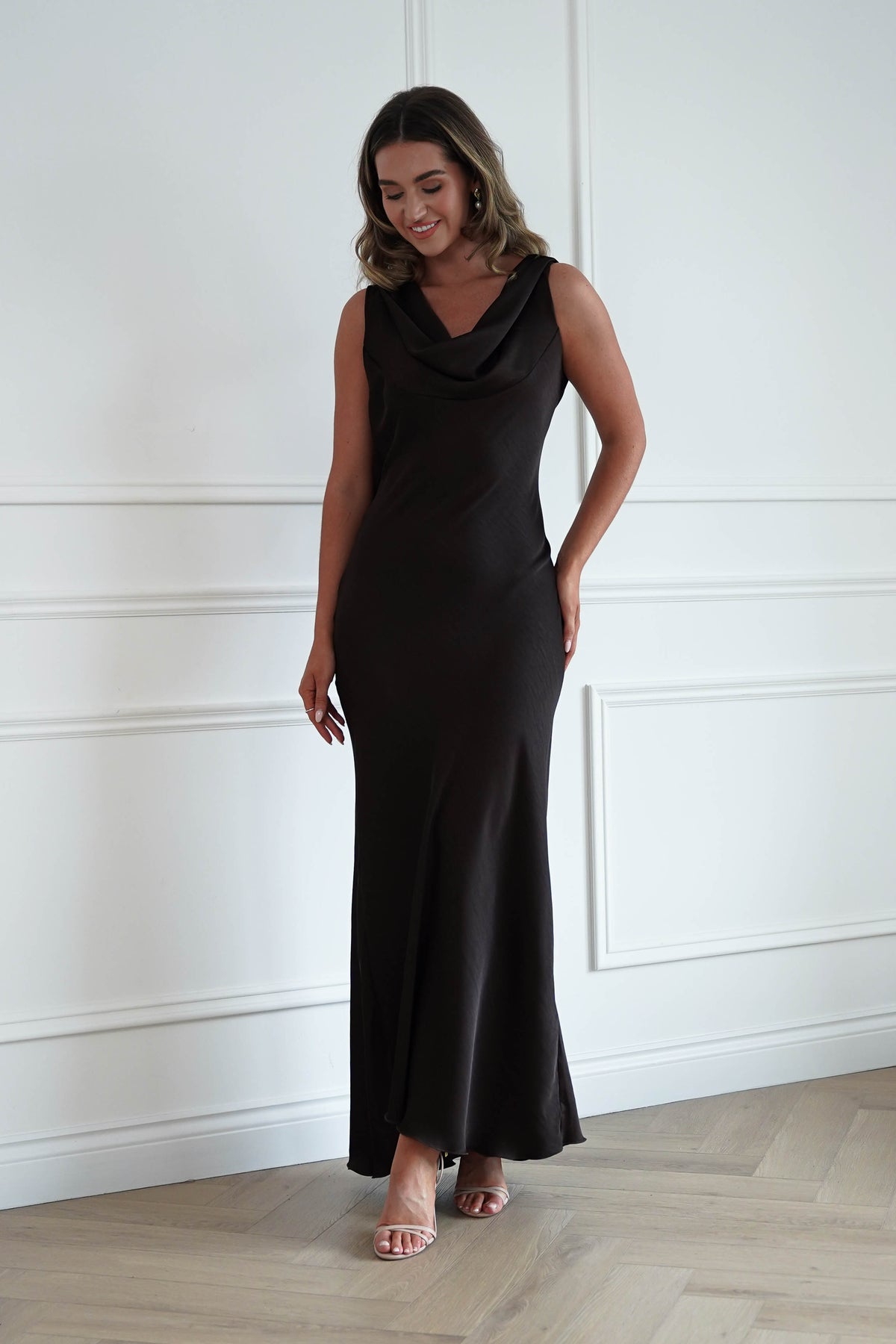 Sofia Cowl Back Maxi Dress in Chocolate Brown