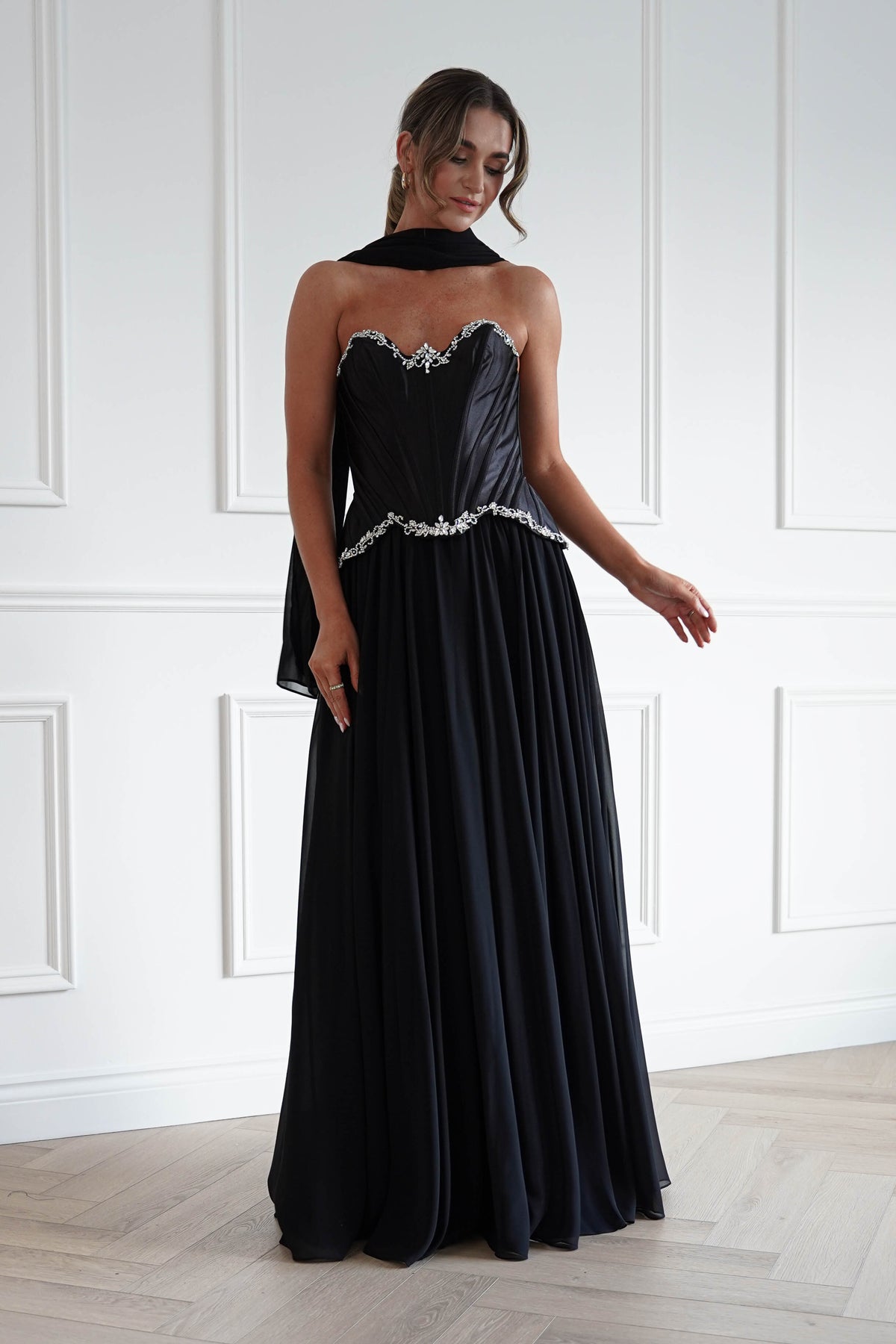Stella Diamante Chiffon Maxi Gown in Black