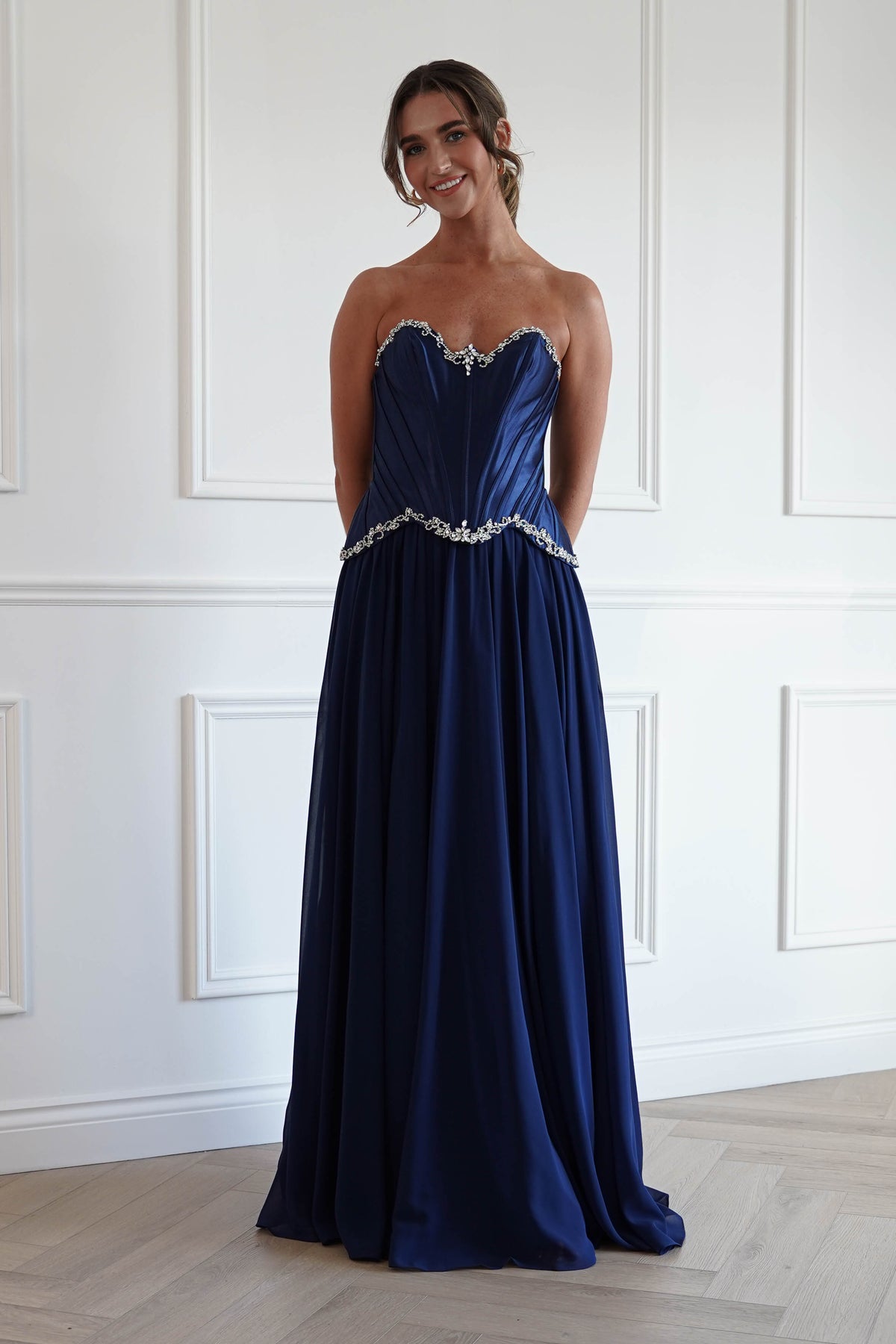 Stella Diamante Chiffon Maxi Gown | Navy
