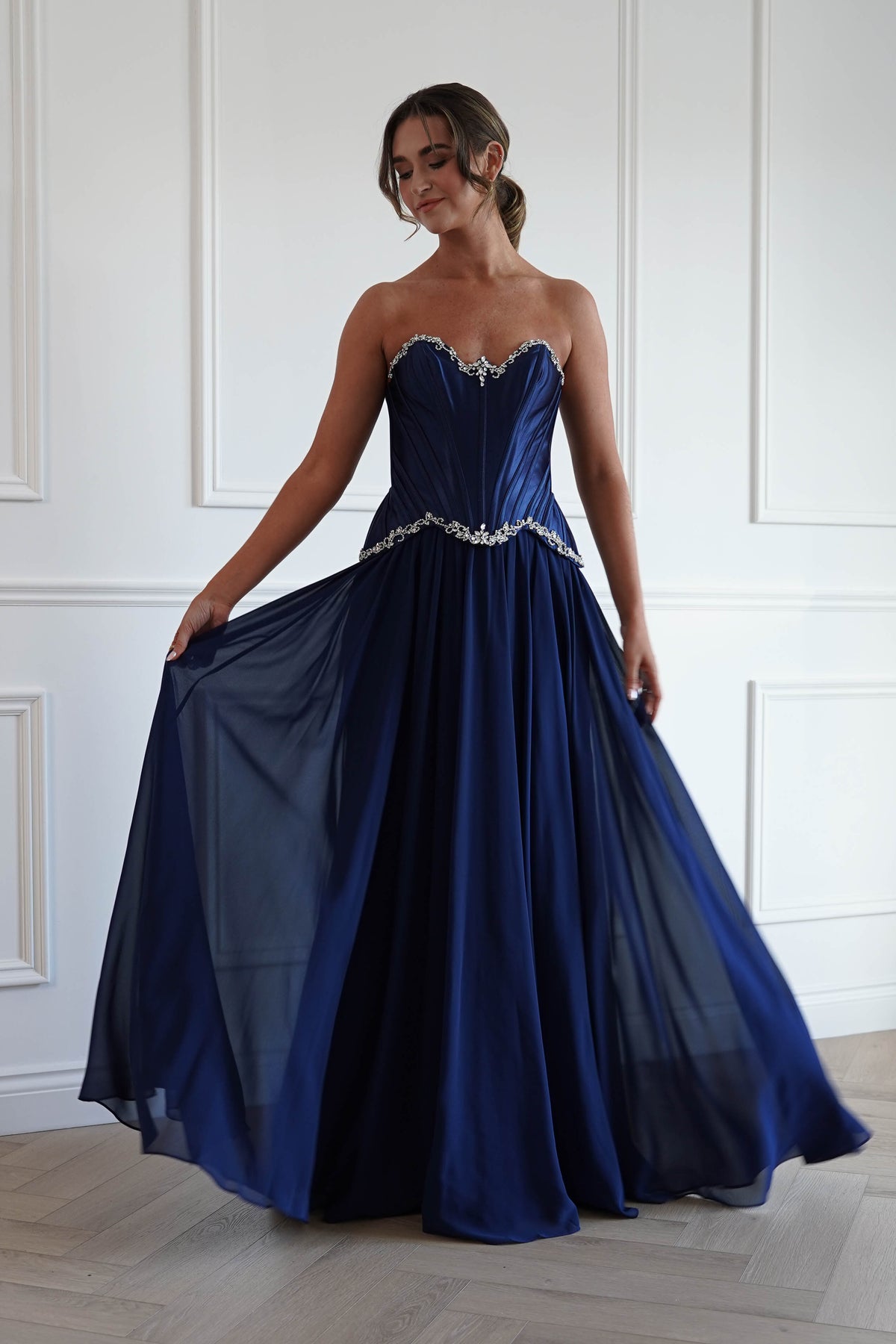 Stella Diamante Chiffon Maxi Gown | Navy