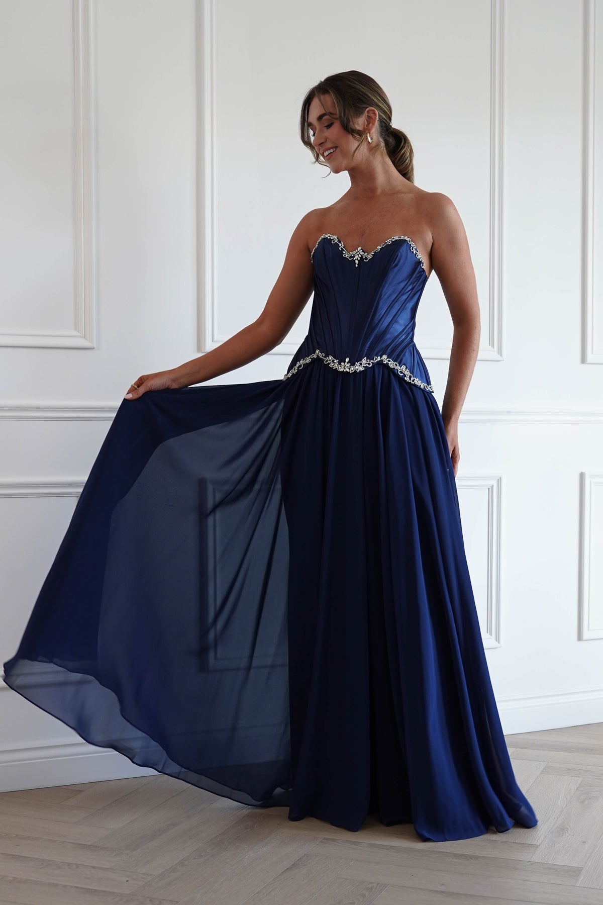 Stella Diamante Chiffon Maxi Gown in Navy