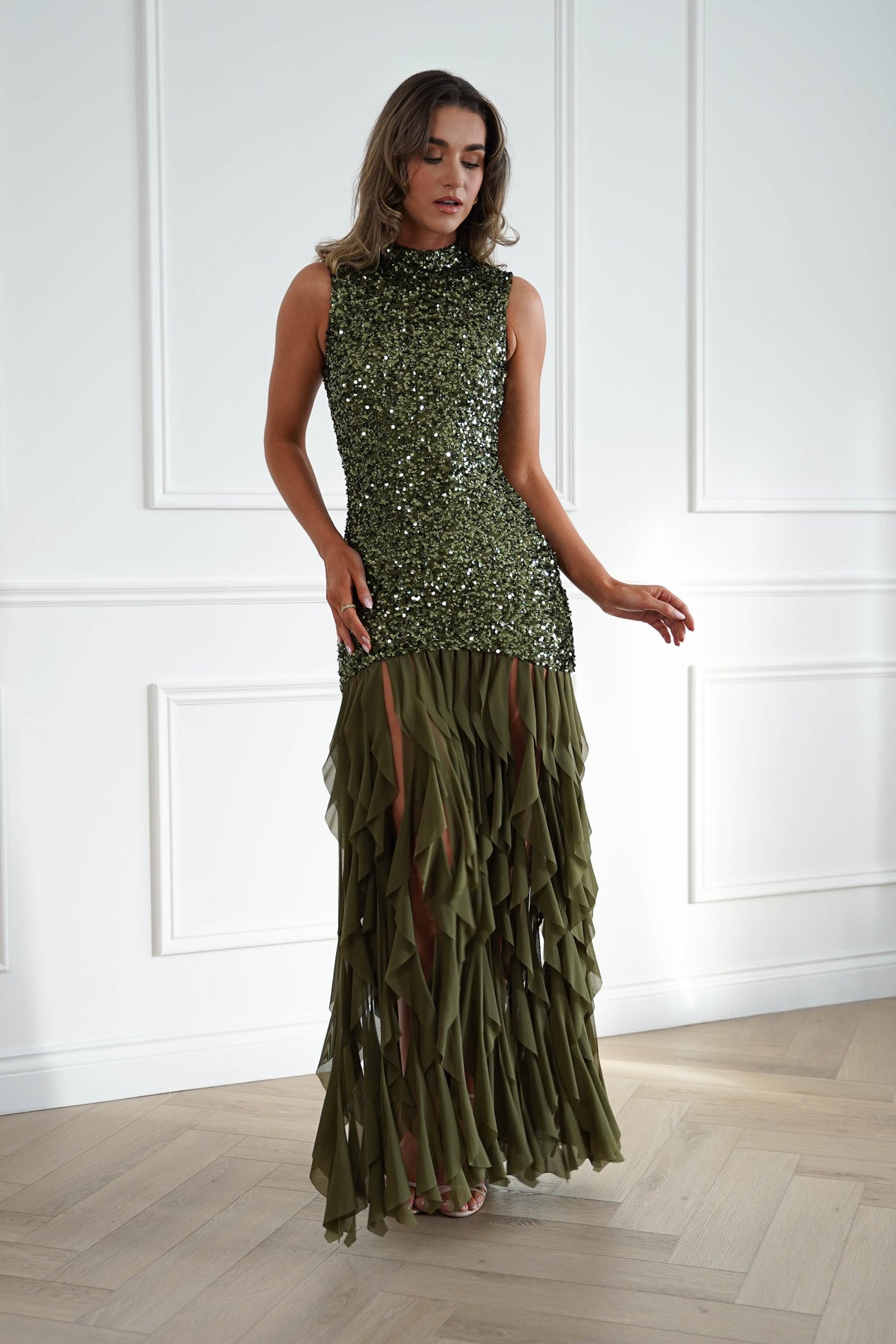 Oh Hello Clothing Women > Clothing > Dresses *DONE-F&P|521750| GREEN SEQUIN DRESSWUTH RUFFLE SKRIT