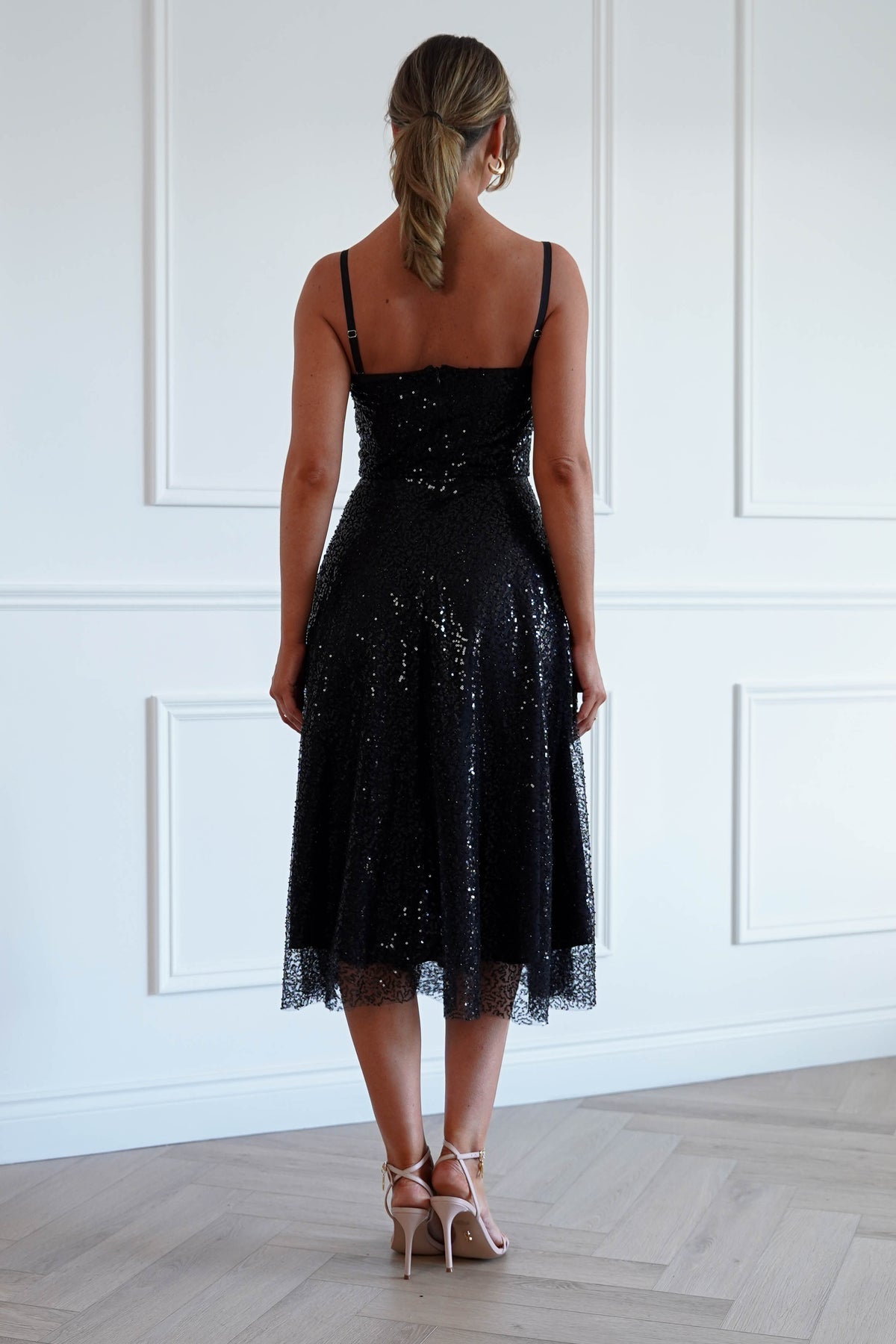 Suzanna Sequin Midi Dress in Black