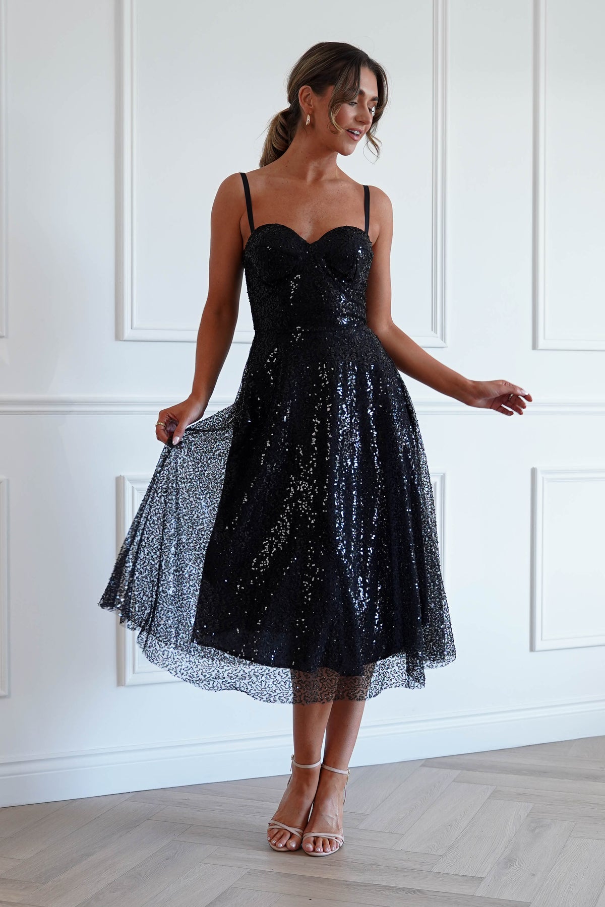 Suzanna Sequin Midi Dress in Black