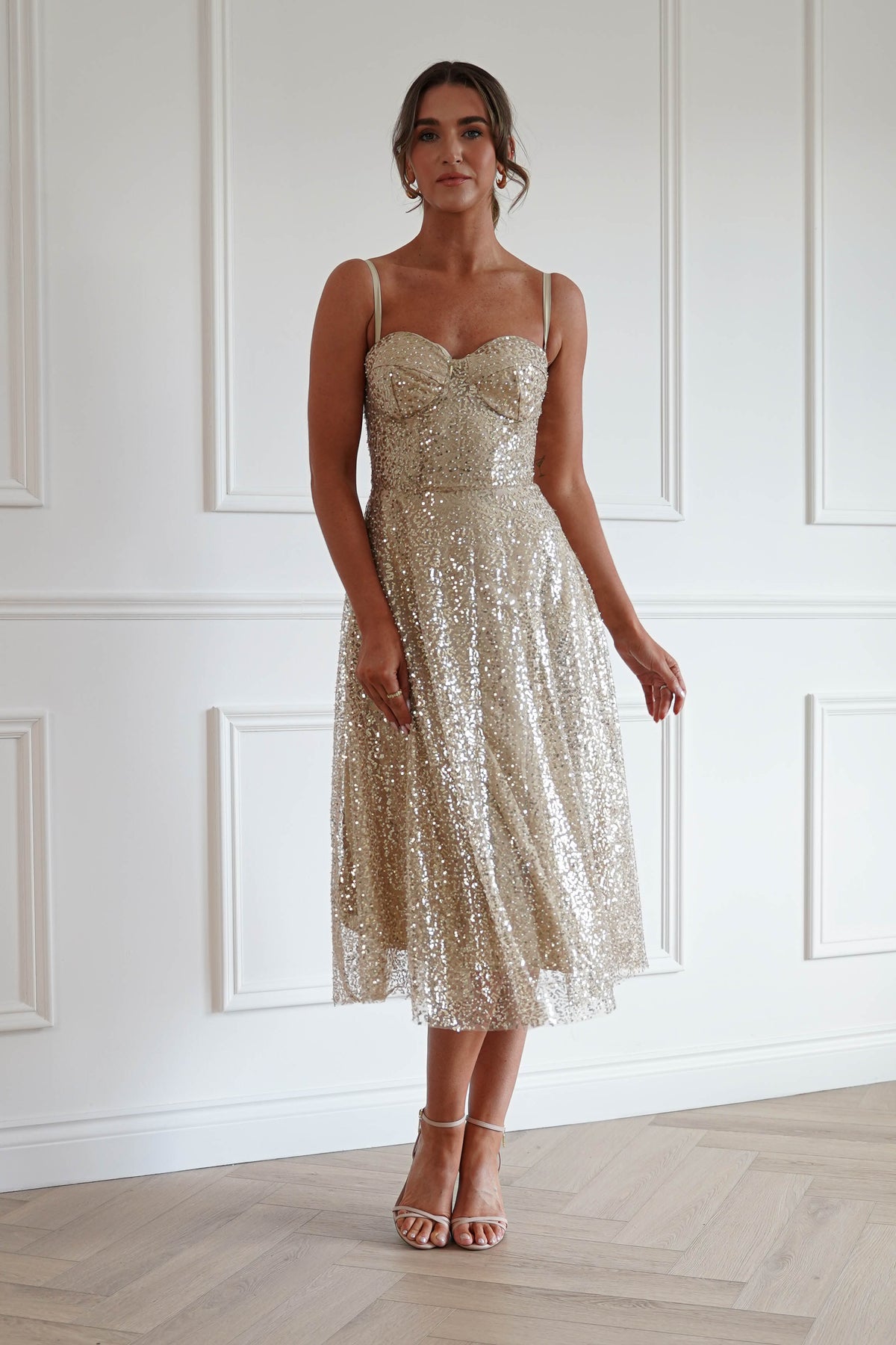Suzanna Sequin Midi Dress in Gold
