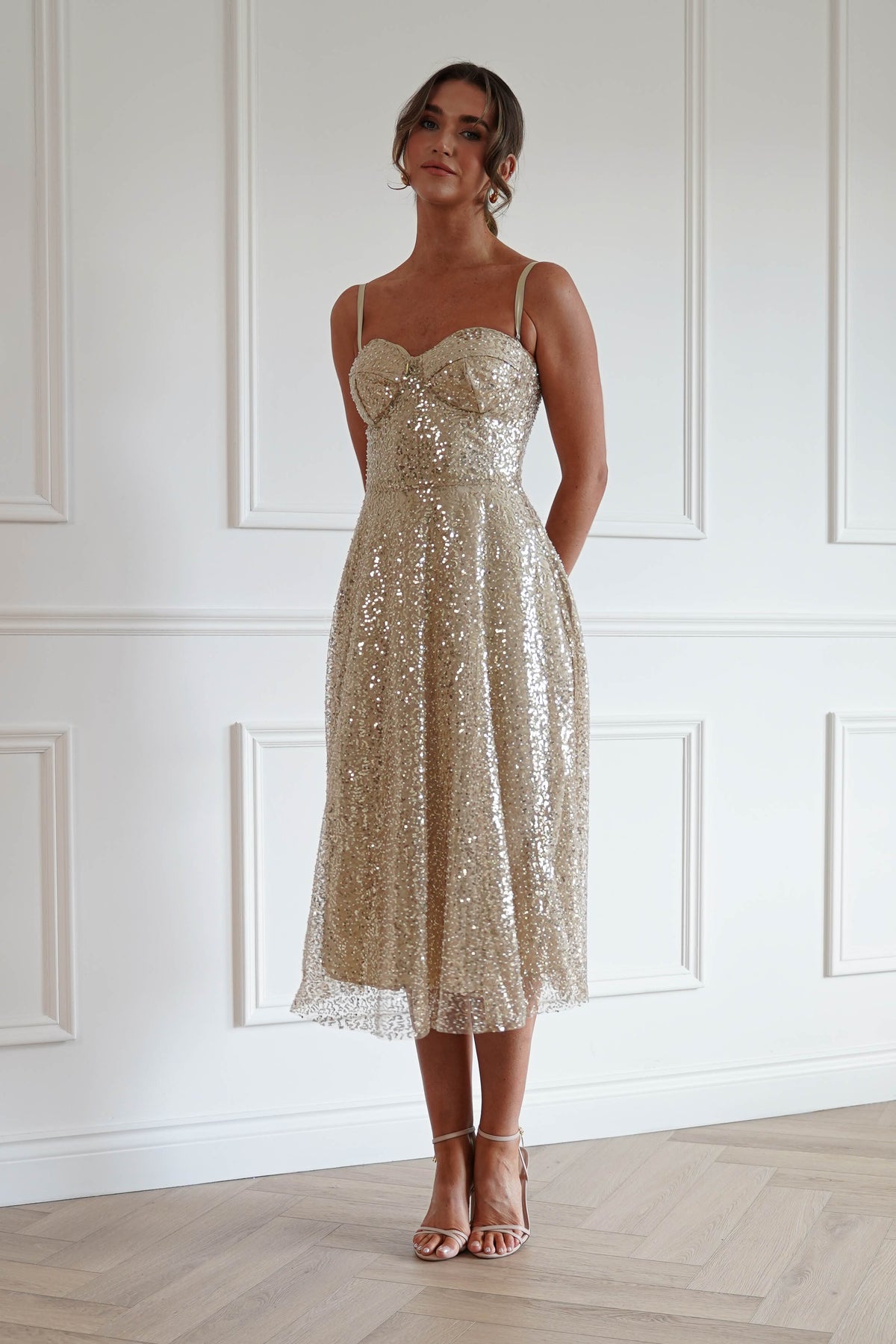 Suzanna Sequin Midi Dress in Gold