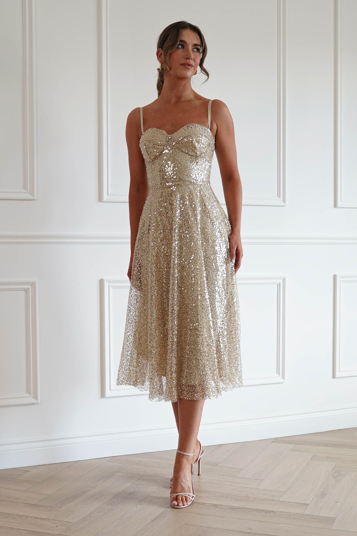 Suzanna Sequin Midi Dress in Gold