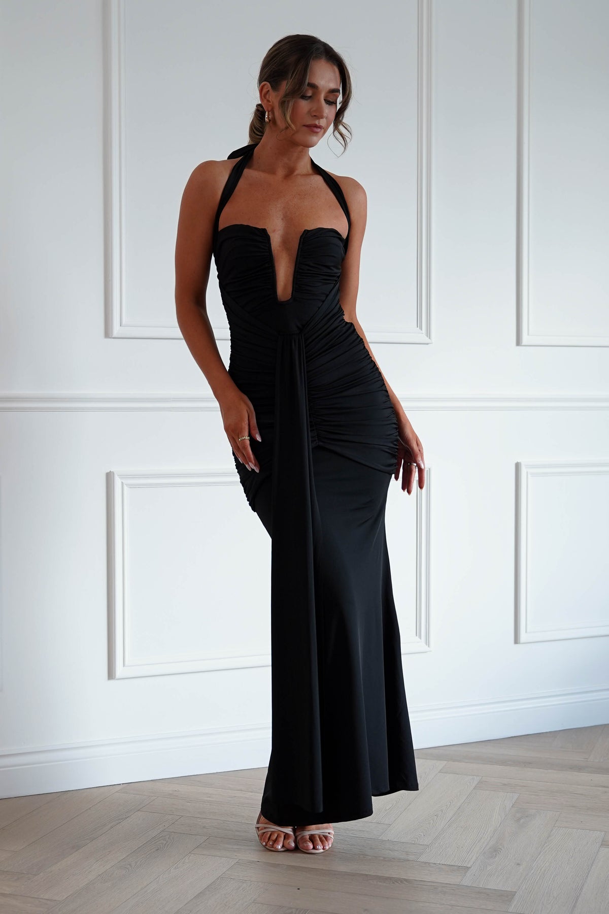 Janetta Halterneck Plunge Maxi Dress in Black