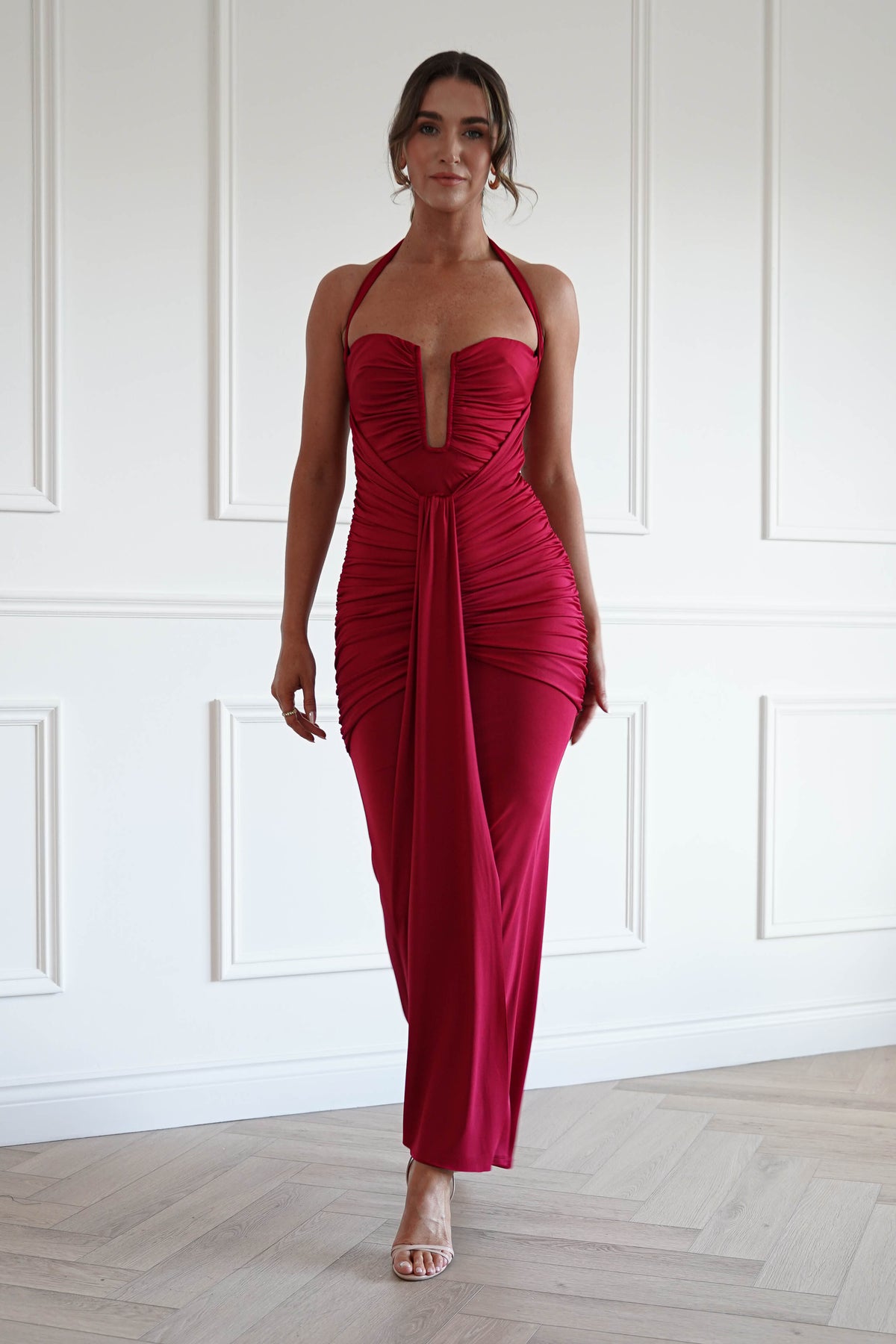 Janetta Halterneck Plunge Maxi Dress | Wine