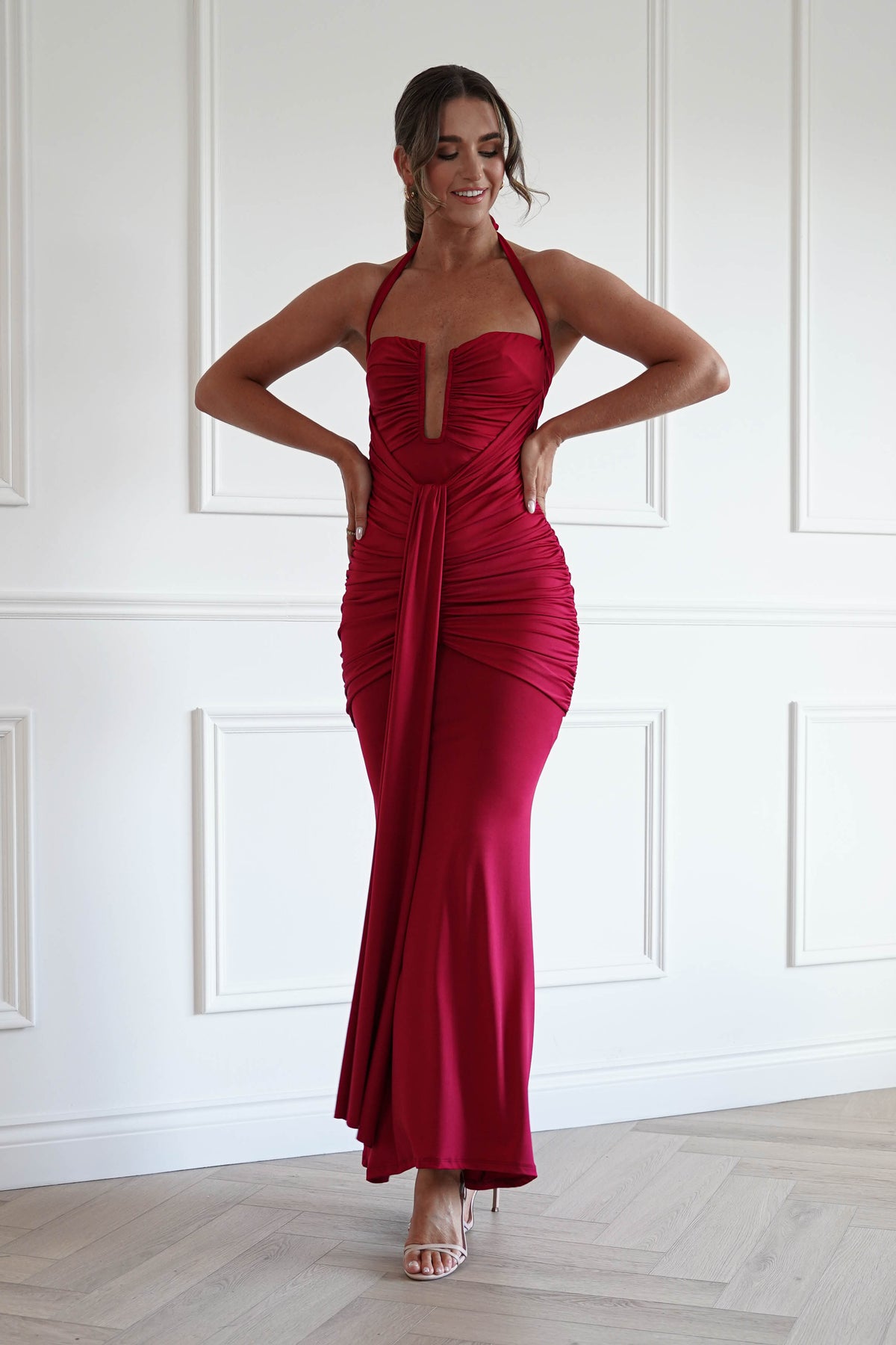 Janetta Halterneck Plunge Maxi Dress in Wine