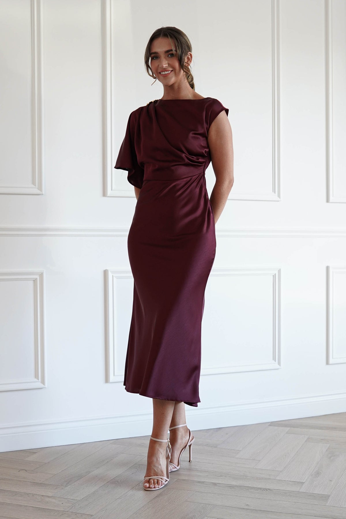 Cherry One Shoulder Satin Dress | Wine