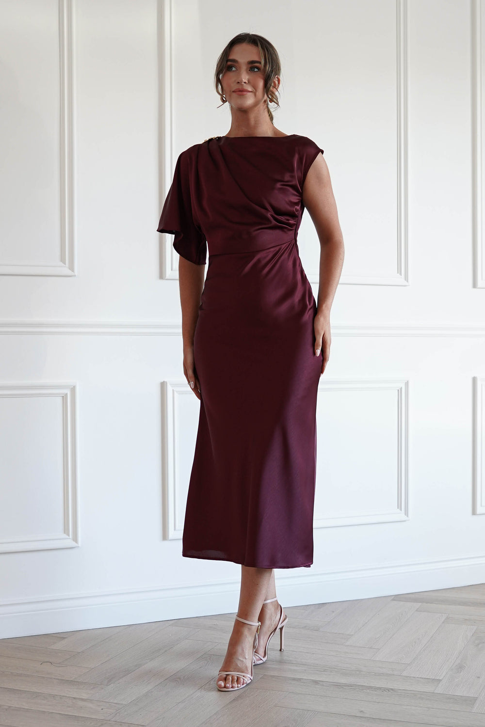 Wine One Shoulder Satin Dress | Cherry | Oh Hello