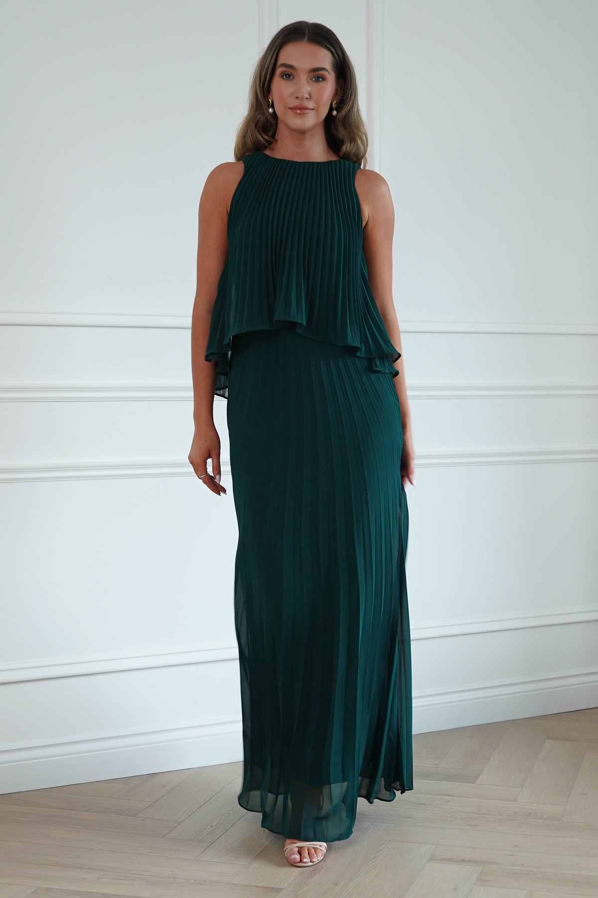 Oh Hello Clothing Women > Clothing > Dresses * DONE - MANIJU | MF23371 |Pleated Overlay Maxi Dress | Emerald Green