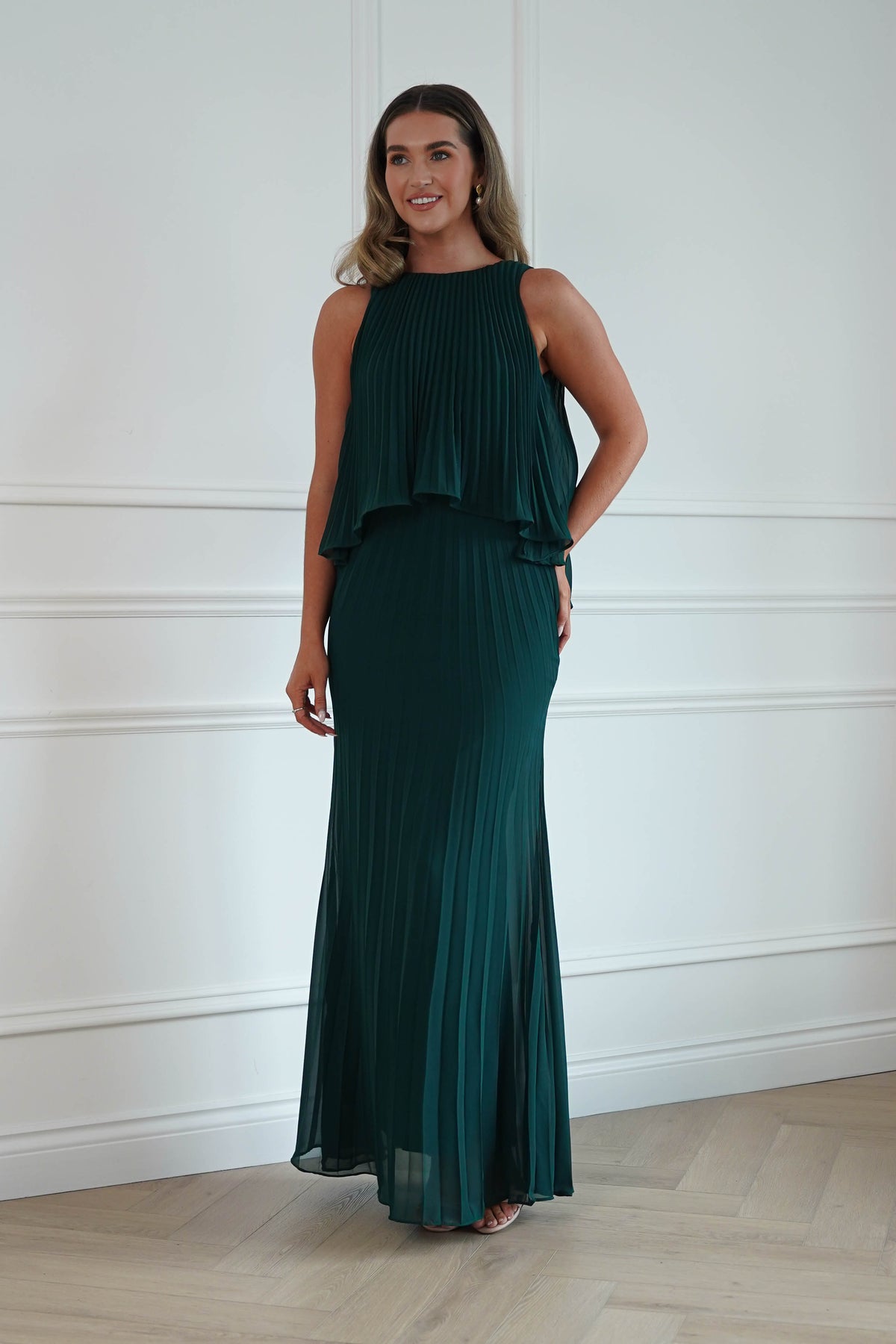 Oh Hello Clothing Women > Clothing > Dresses * DONE - MANIJU | MF23371 |Pleated Overlay Maxi Dress | Emerald Green