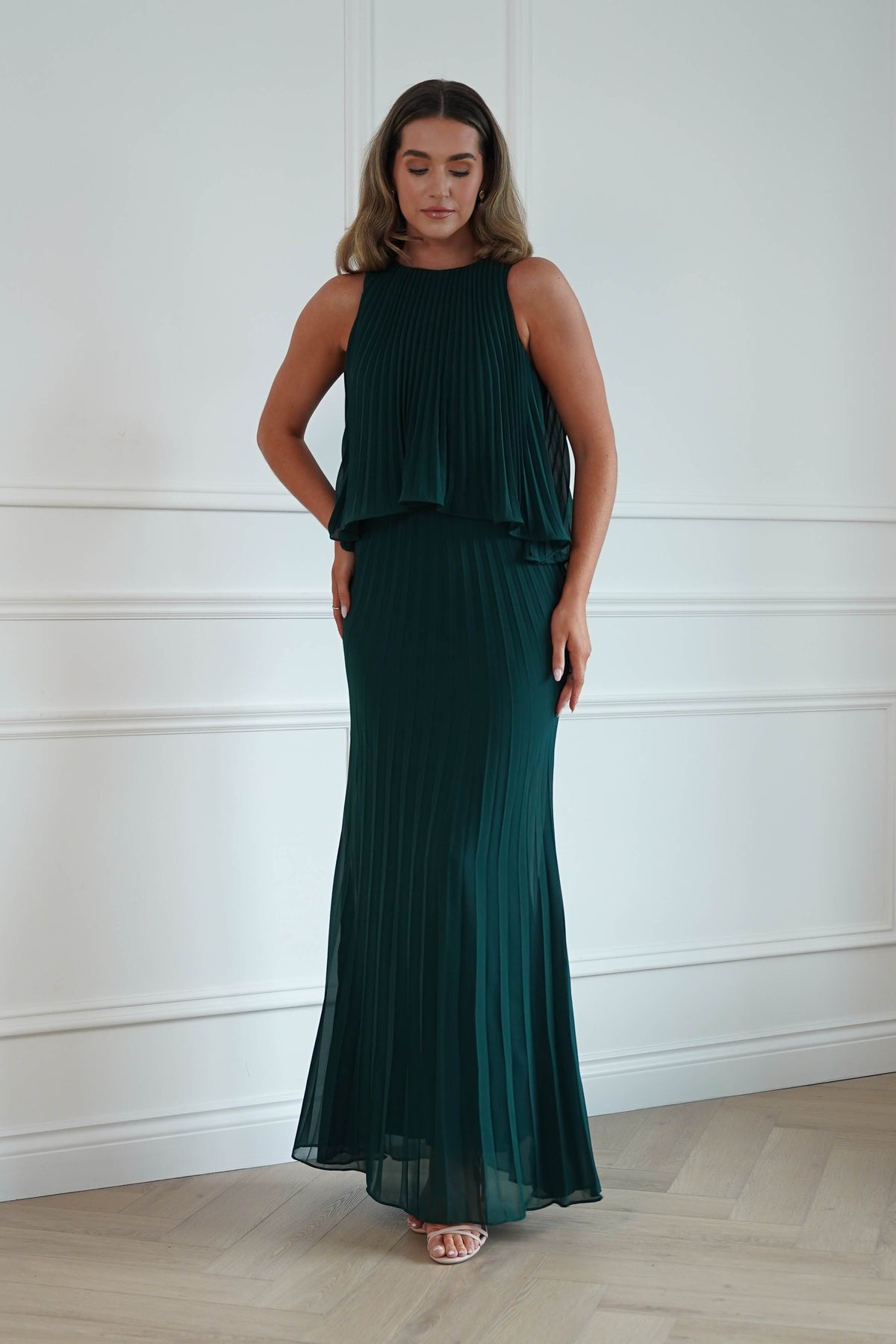 Oh Hello Clothing Women > Clothing > Dresses * DONE - MANIJU | MF23371 |Pleated Overlay Maxi Dress | Emerald Green