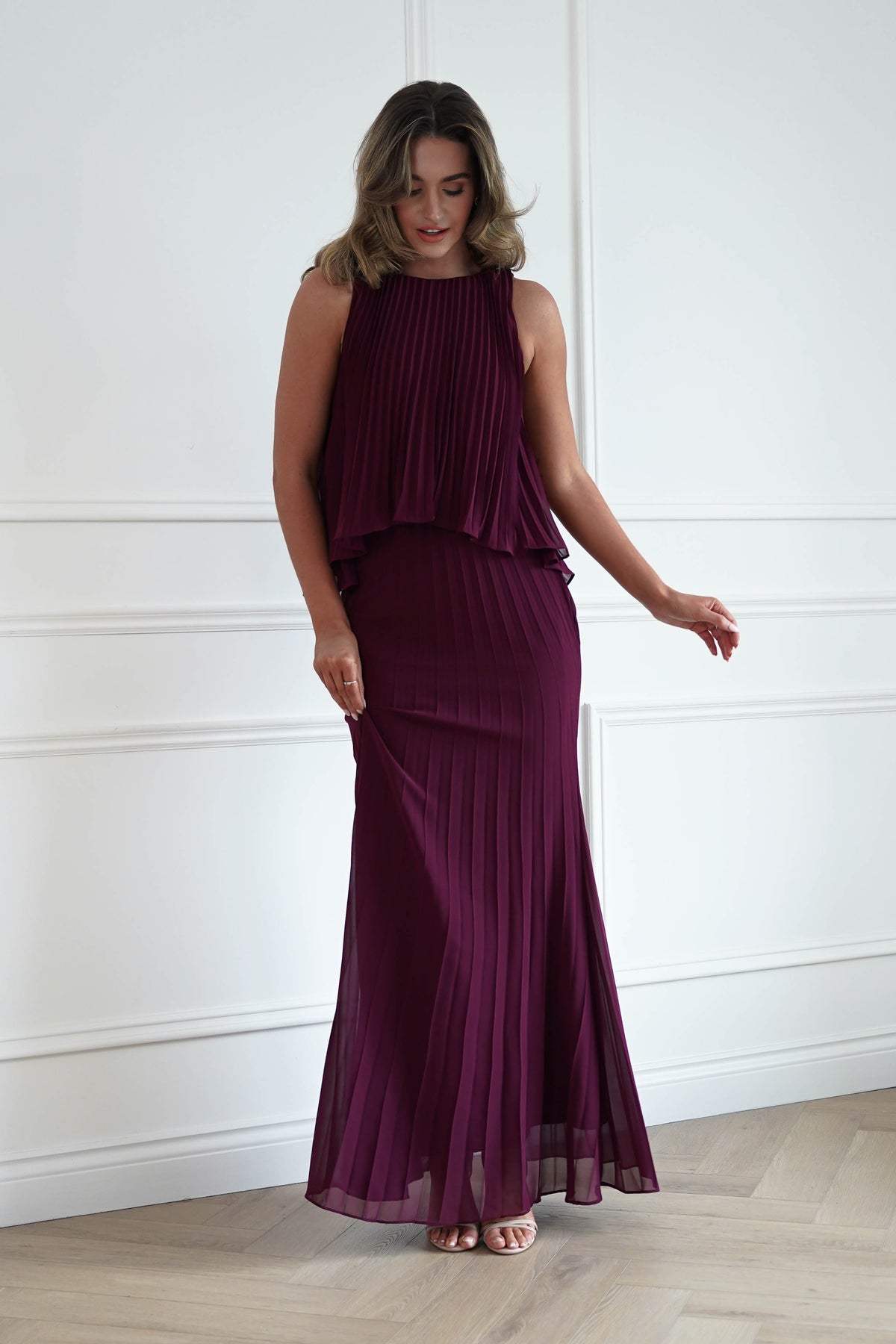 Oh Hello Clothing Women > Clothing > Dresses * DONE - MANIJU | MF23371 |Pleated Overlay Maxi Dress | wine (Copy)