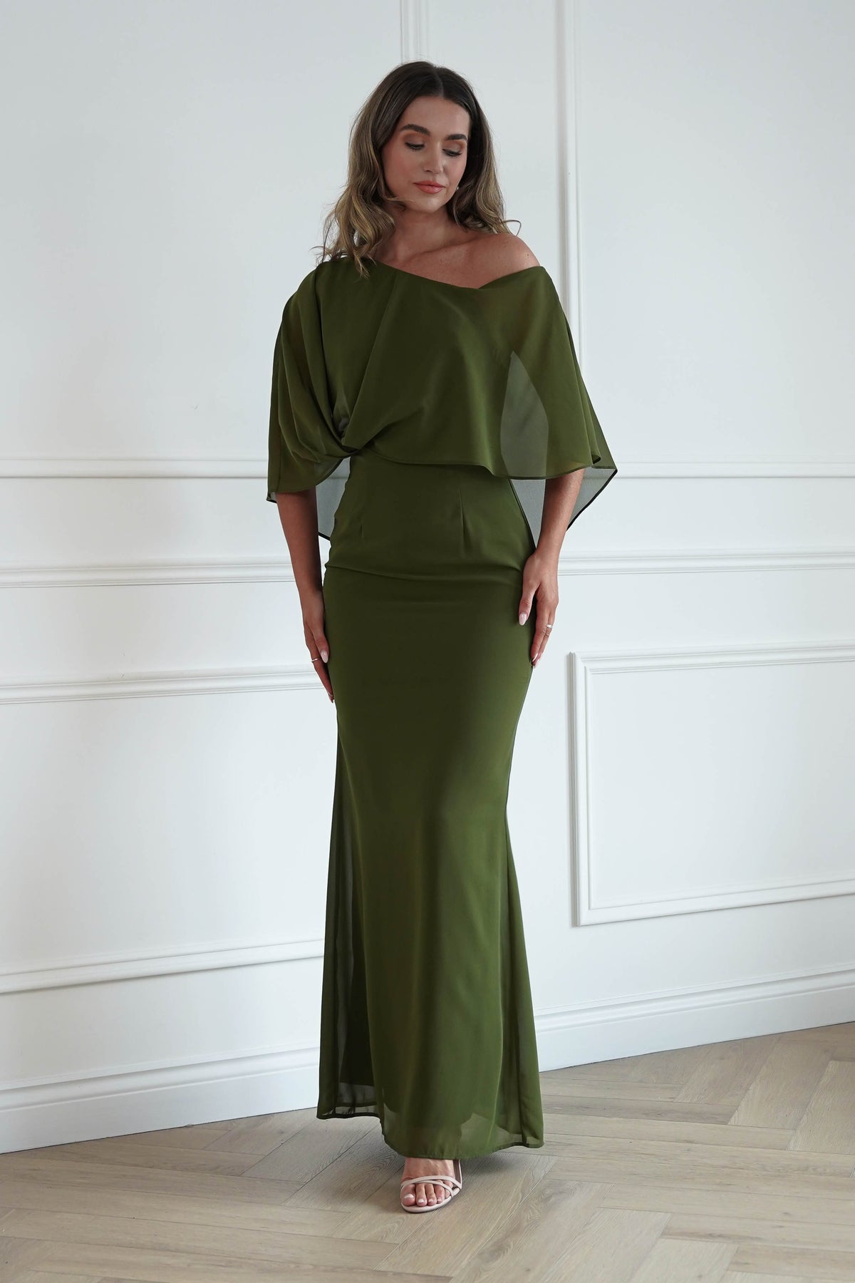 Oh Hello Clothing Women > Clothing > Dresses * DONE - MANIJU | MM24629 |Draped Cape Maxi Dress | Olive Green