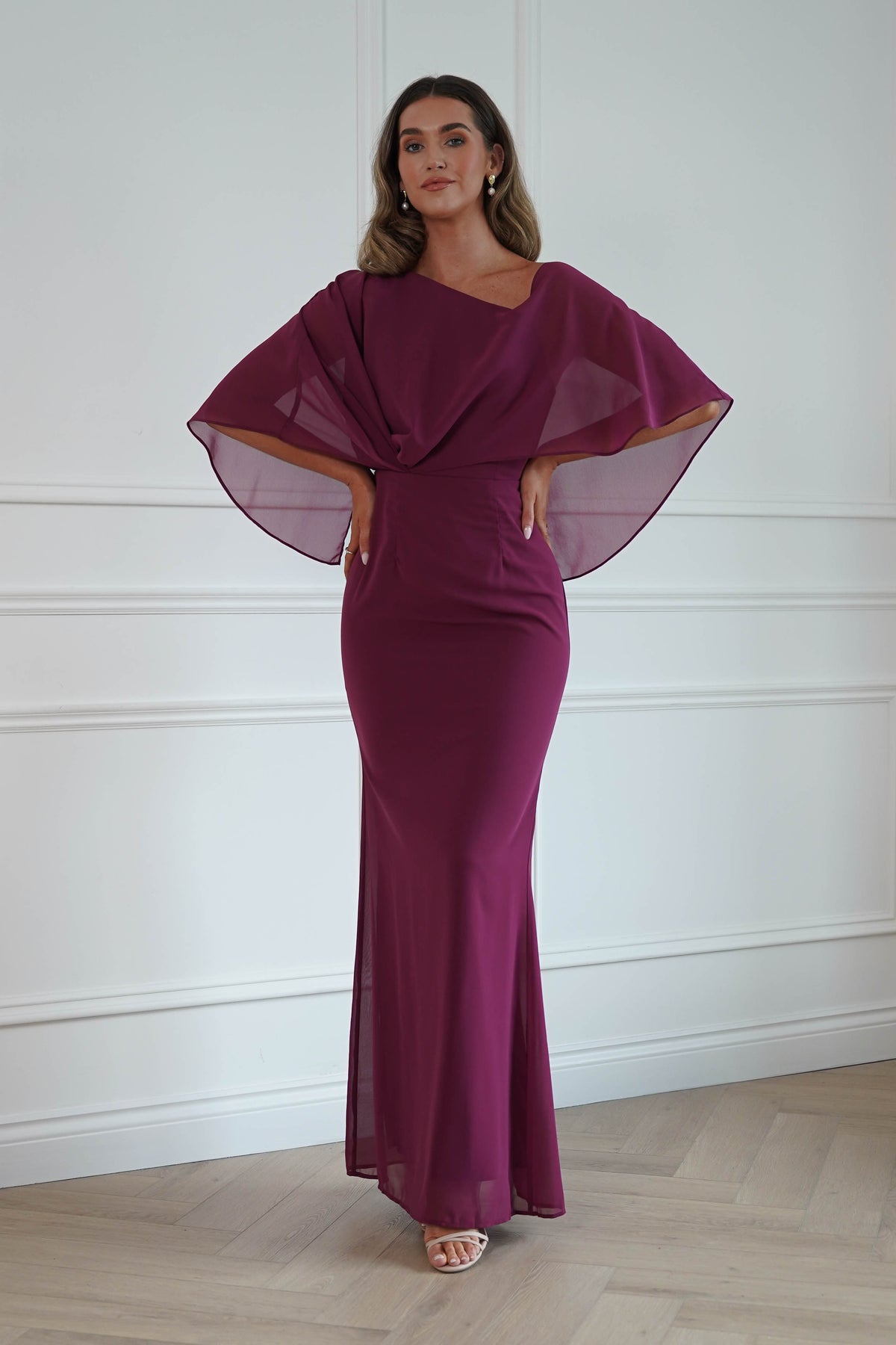 Oh Hello Clothing Women > Clothing > Dresses * DONE - MANIJU | MM24629 |Draped Cape Maxi Dress | darkrose (Copy)