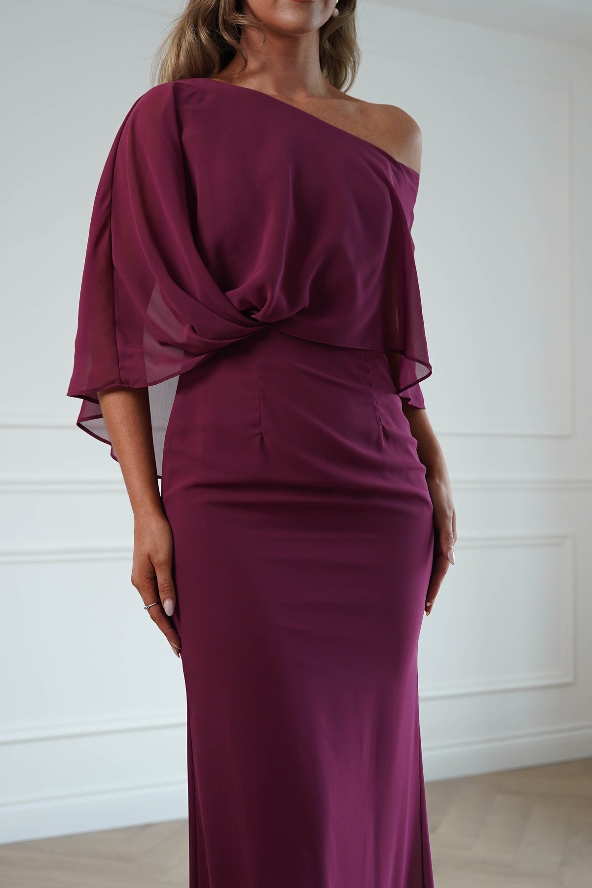 Oh Hello Clothing Women > Clothing > Dresses * DONE - MANIJU | MM24629 |Draped Cape Maxi Dress | darkrose (Copy)
