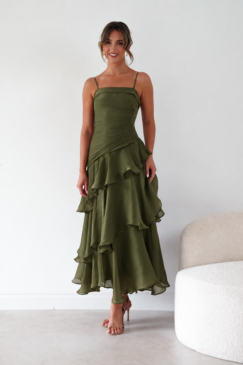 Renee Luminescent Ruffle Maxi Dress | Olive