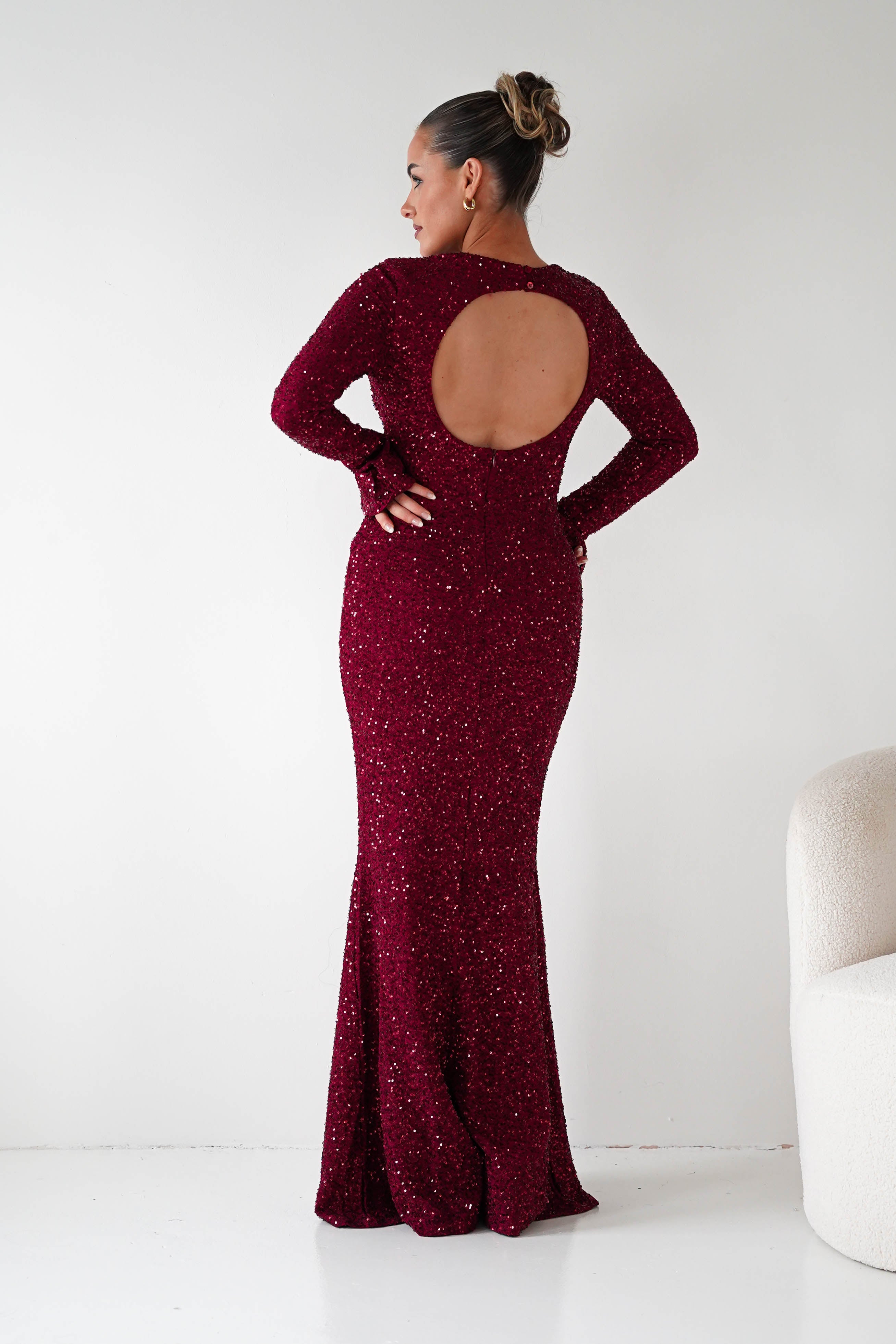 Bertina Long Sleeve Sequin Maxi Gown | Burgundy