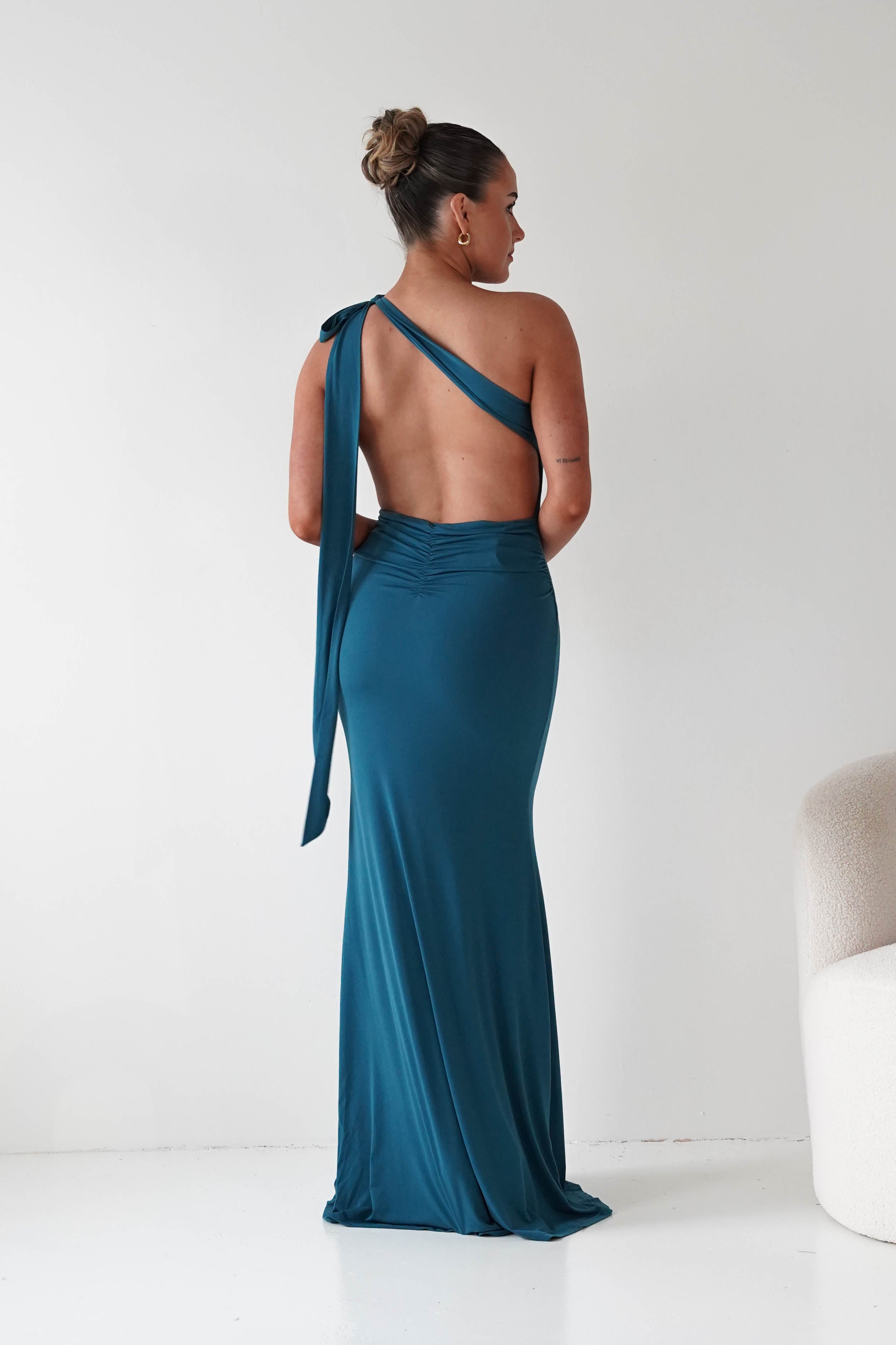Seraphine Backless Tie Bodycon Maxi Gown | Teal