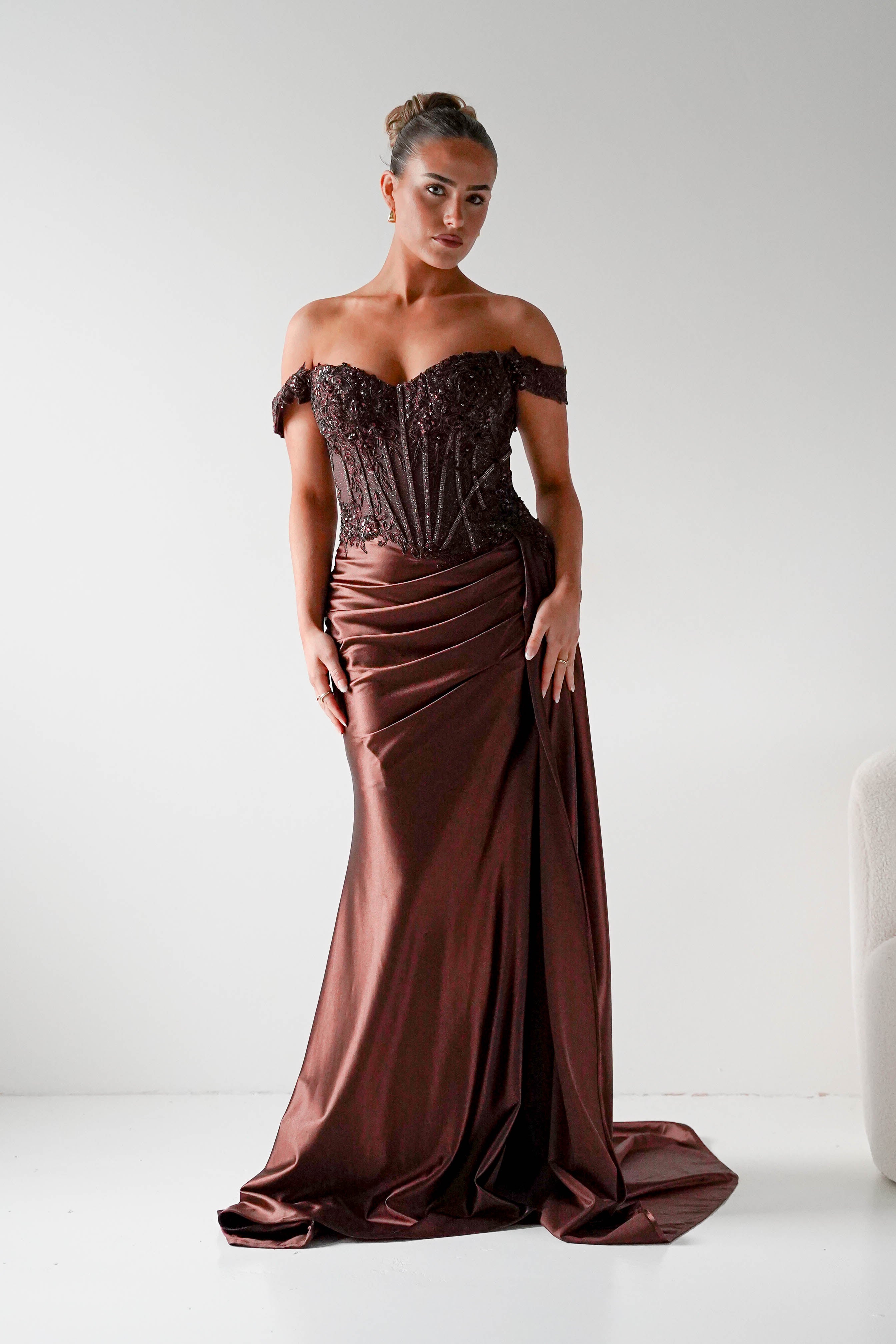Marsela Lace Bodice Gown | Espresso Brown