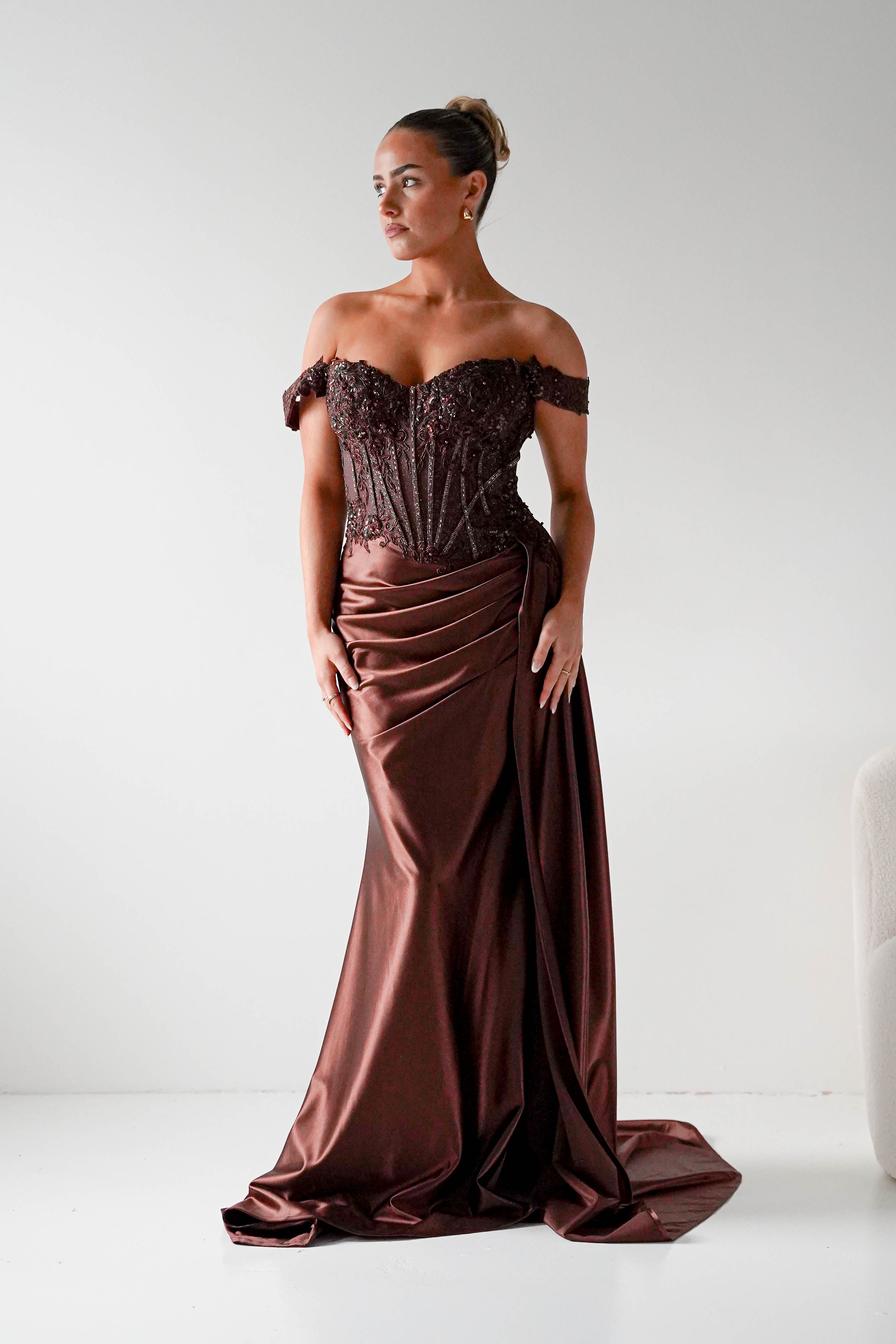 Marsela Lace Bodice Gown | Espresso Brown