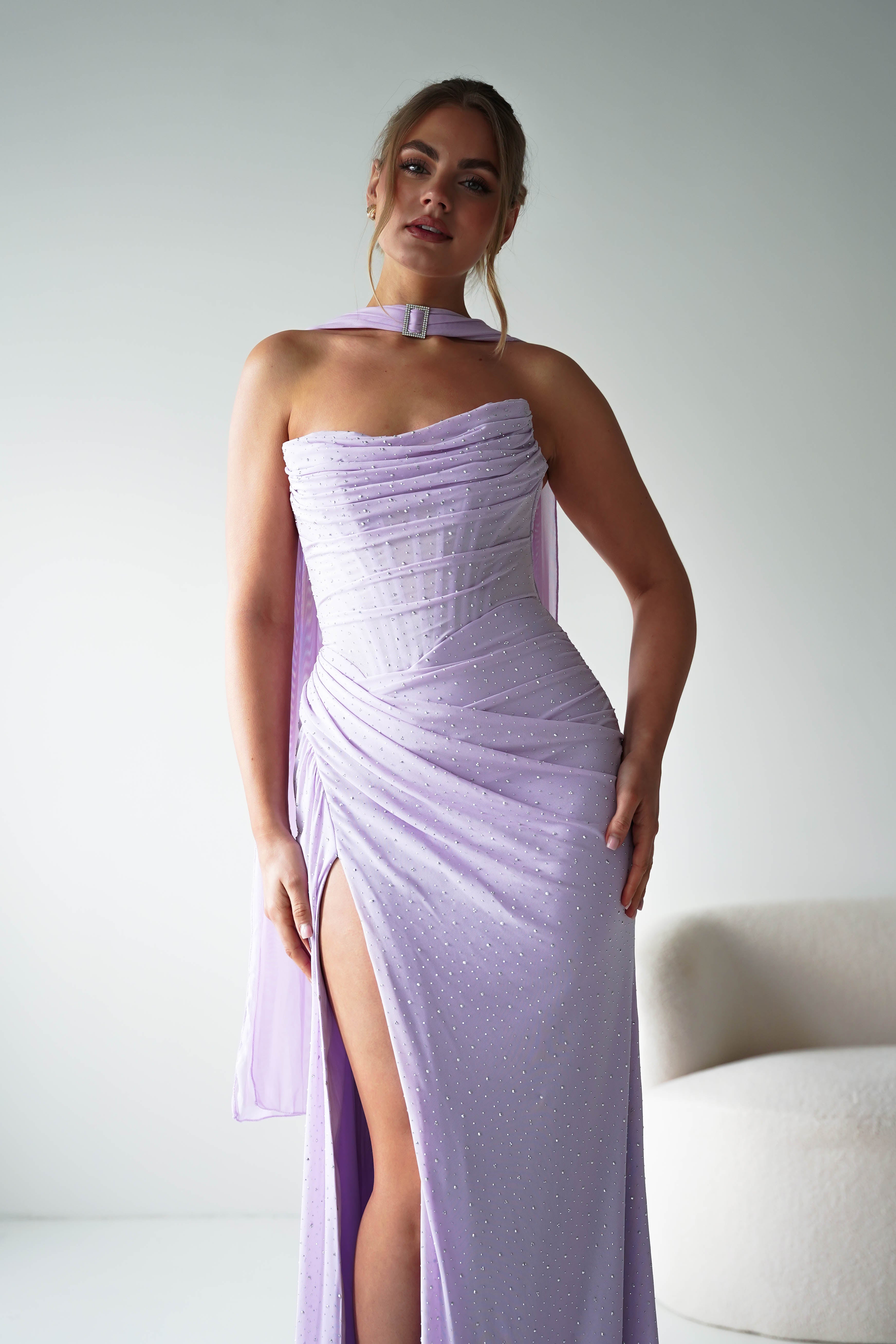 Oh Hello Clothing Dresses > Prom Dresses Diana Draped Strapless Rhinestone Gown | Lavender