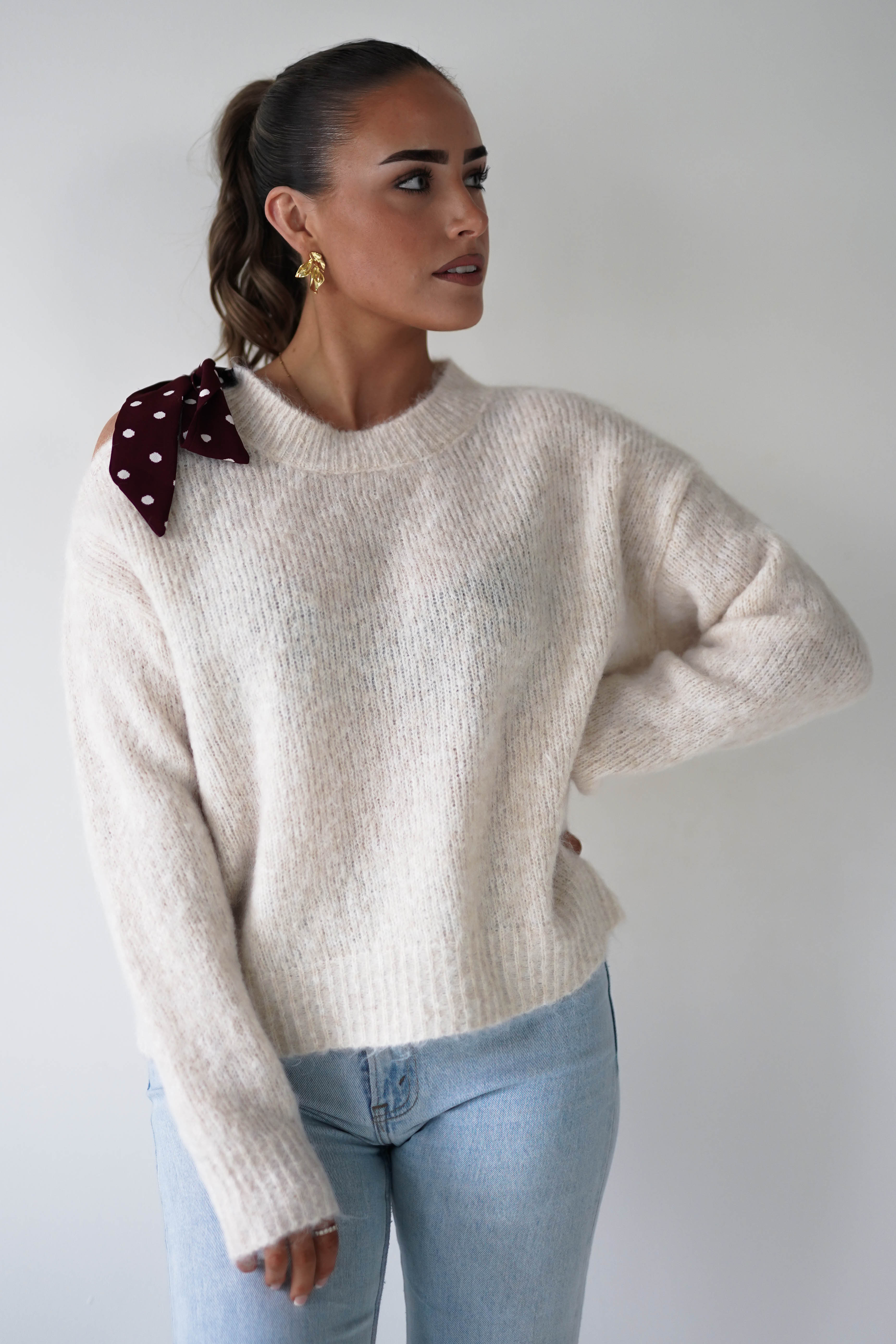 Oh Hello Clothing Women > Clothing > Knitwear ONE SIZE (6/12) 1*DONE-GRACIELA-PU6378 beige and BURGUNDY polka dot Detail Knit Jumper