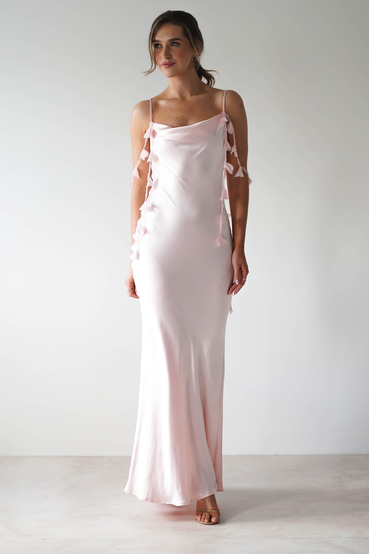 Daisy Cowl Neckline Satin Maxi Dress | Light Pink-Oh Hello Clothing