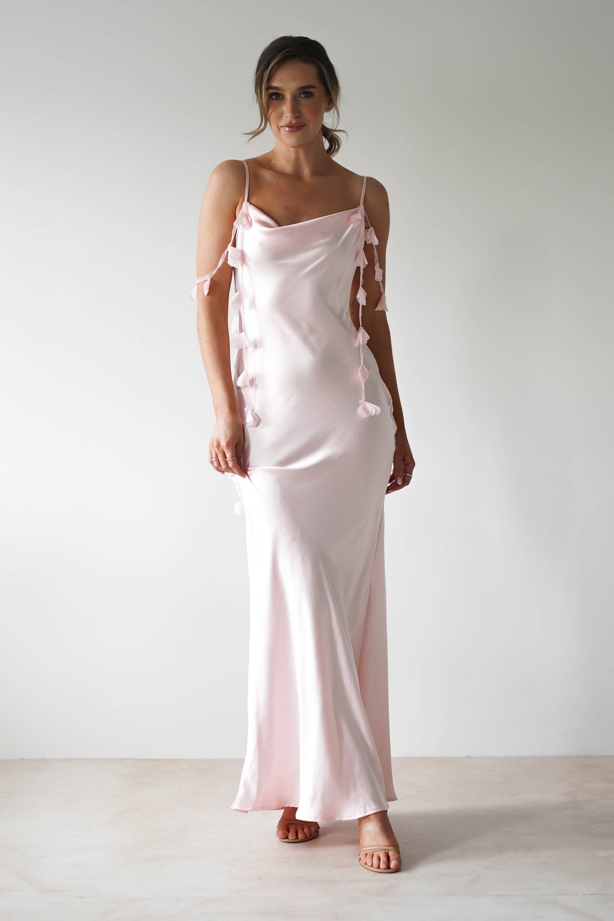 Daisy Cowl Neckline Satin Maxi Dress | Light Pink-Oh Hello Clothing