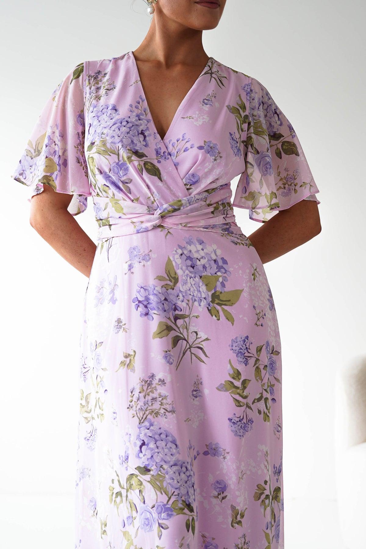 Daisy Floral Wrap Neck Twist Detail Midi Dress | Lilac-Oh Hello Clothing