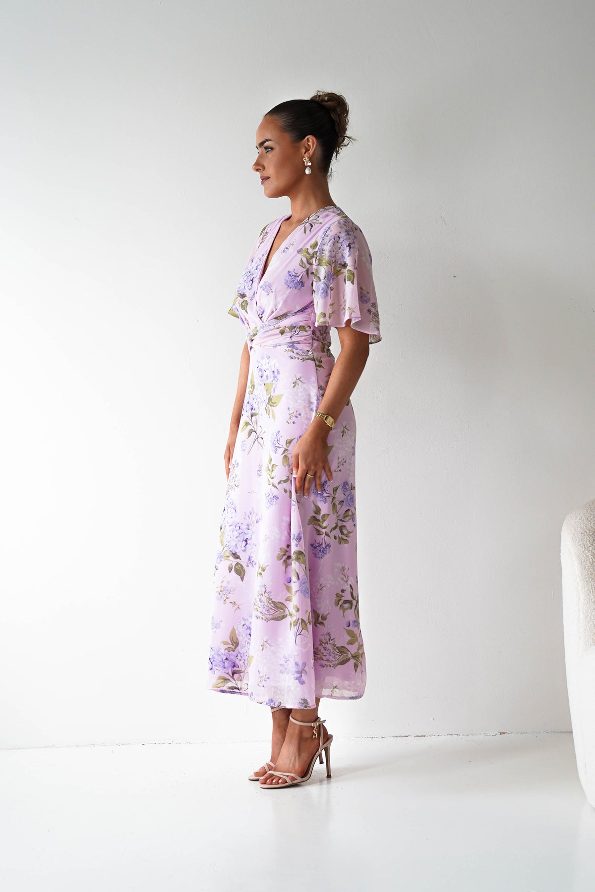 Daisy Floral Wrap Neck Twist Detail Midi Dress | Lilac-Oh Hello Clothing
