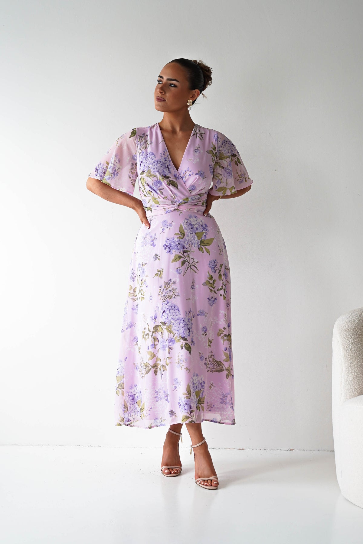 Daisy Floral Wrap Neck Twist Detail Midi Dress | Lilac-Oh Hello Clothing