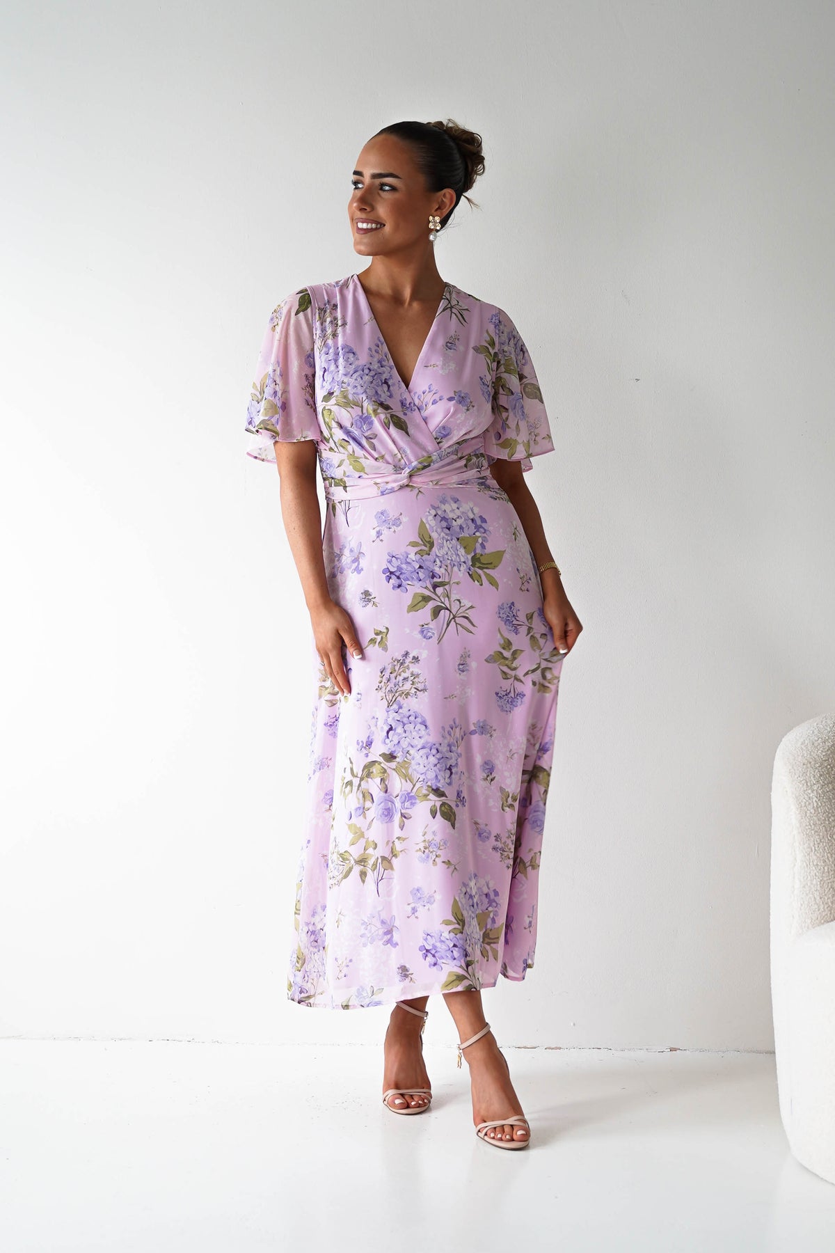 Daisy Floral Wrap Neck Twist Detail Midi Dress | Lilac-Oh Hello Clothing