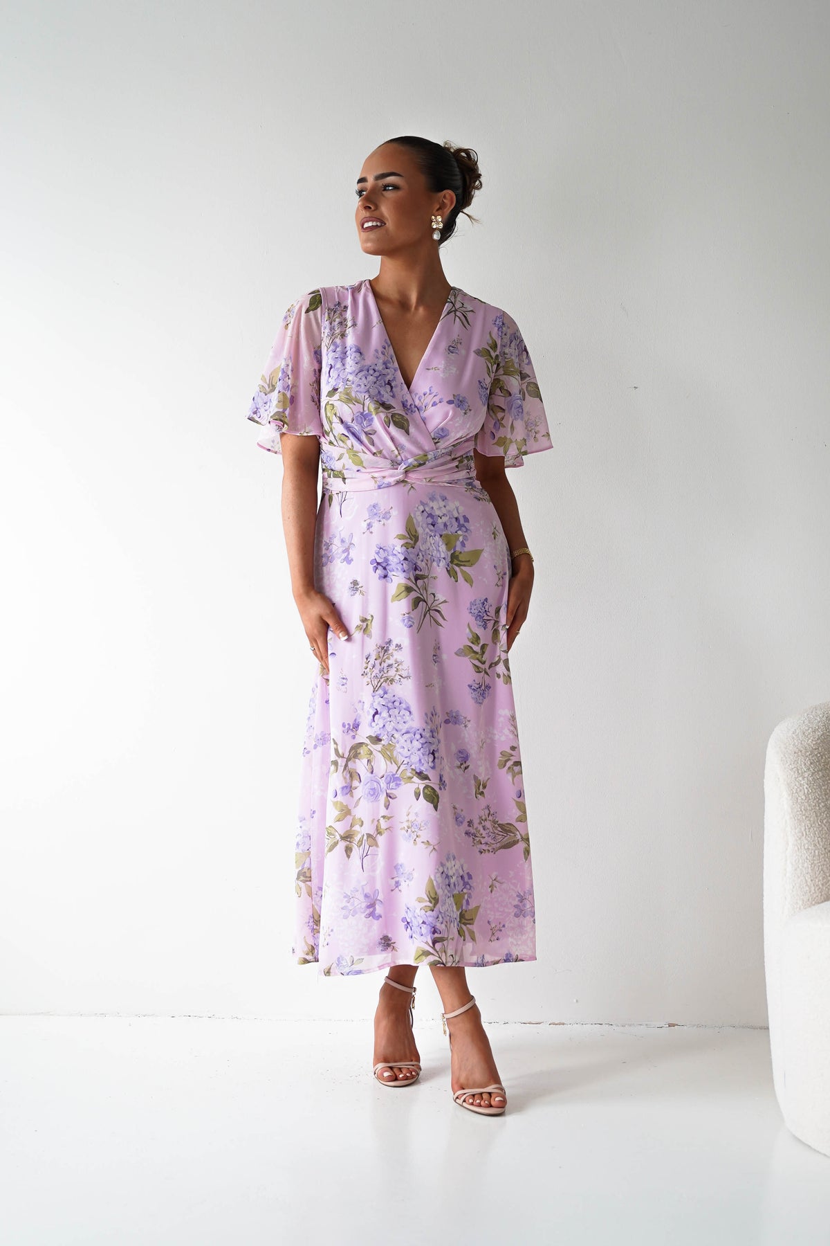 Daisy Floral Wrap Neck Twist Detail Midi Dress | Lilac-Oh Hello Clothing