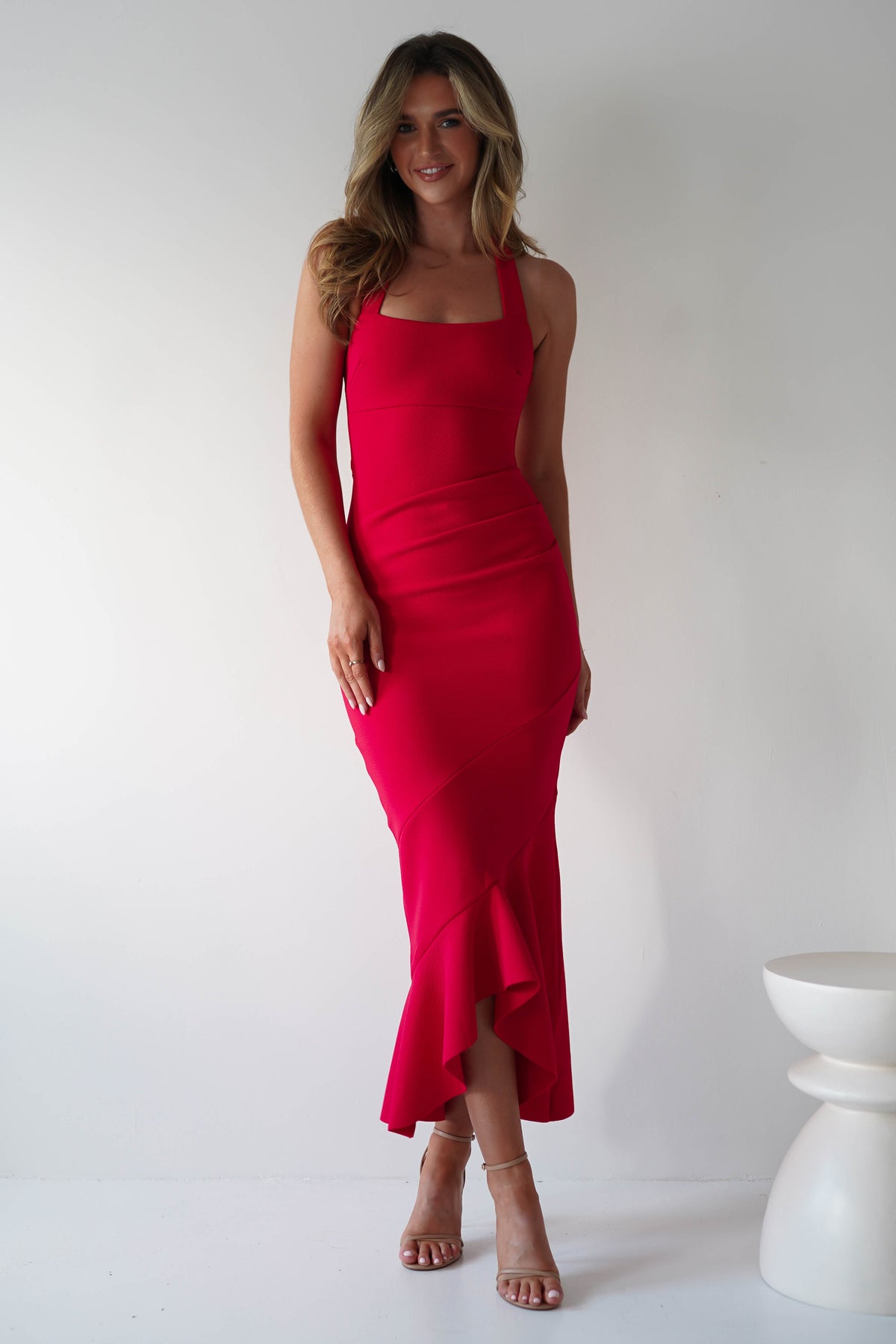Damaris Textured Midi Dress | Red-Oh Hello Clothing