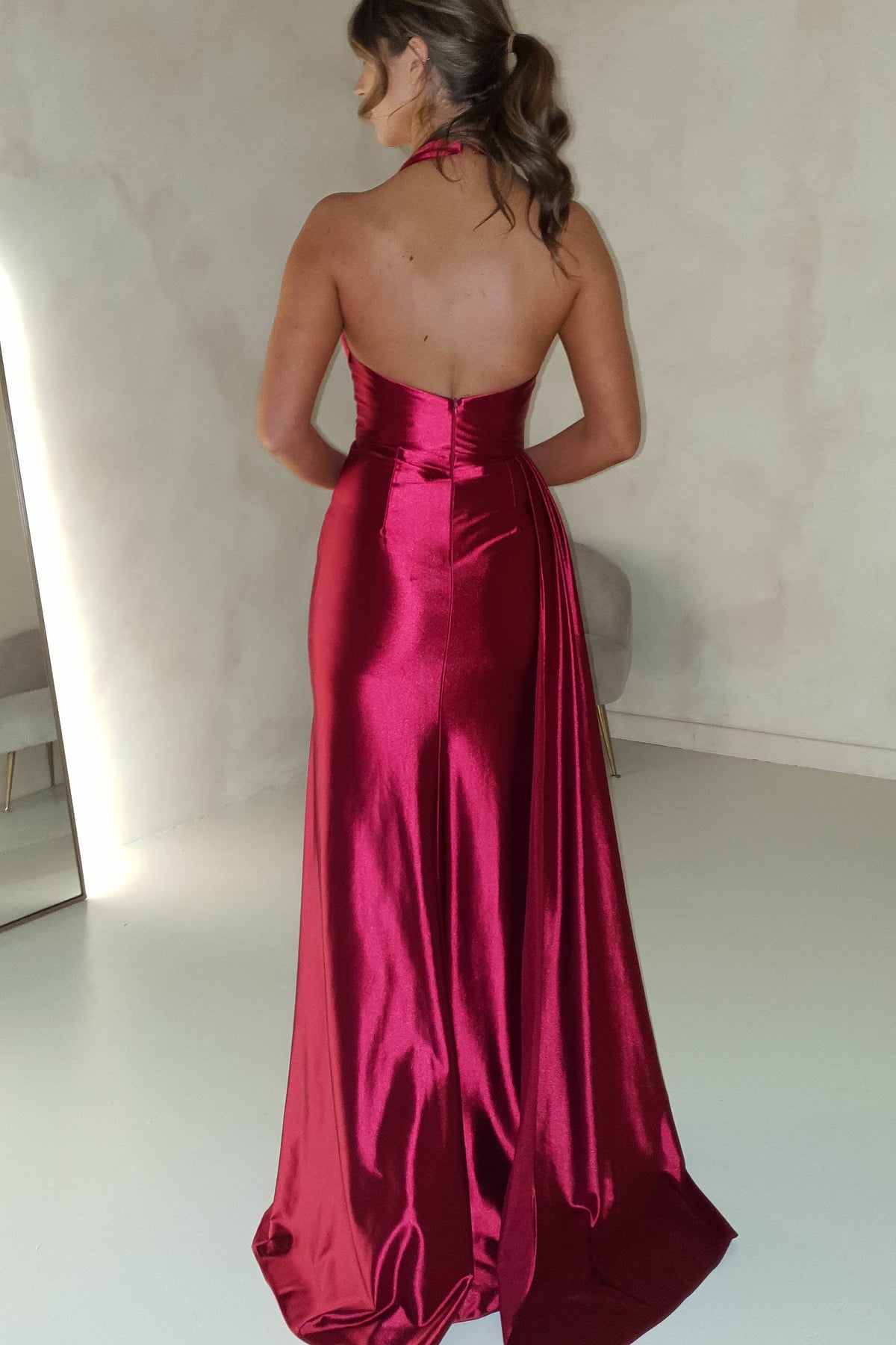 Daniella Halterneck Gown | Berry Red-Oh Hello Clothing