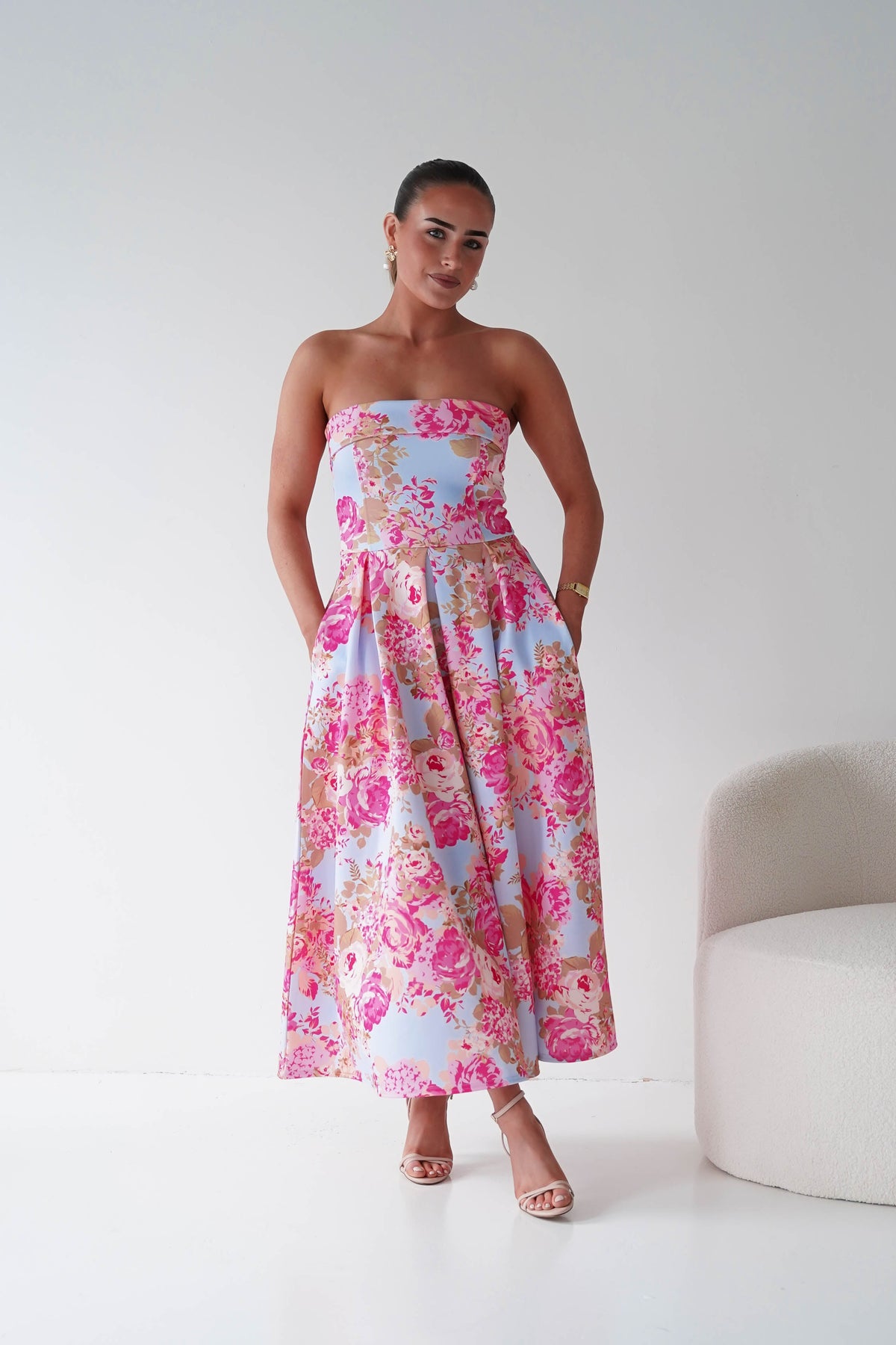 Danni Strapless Bandeau Midi Dress | Blue/Pink-Oh Hello Clothing