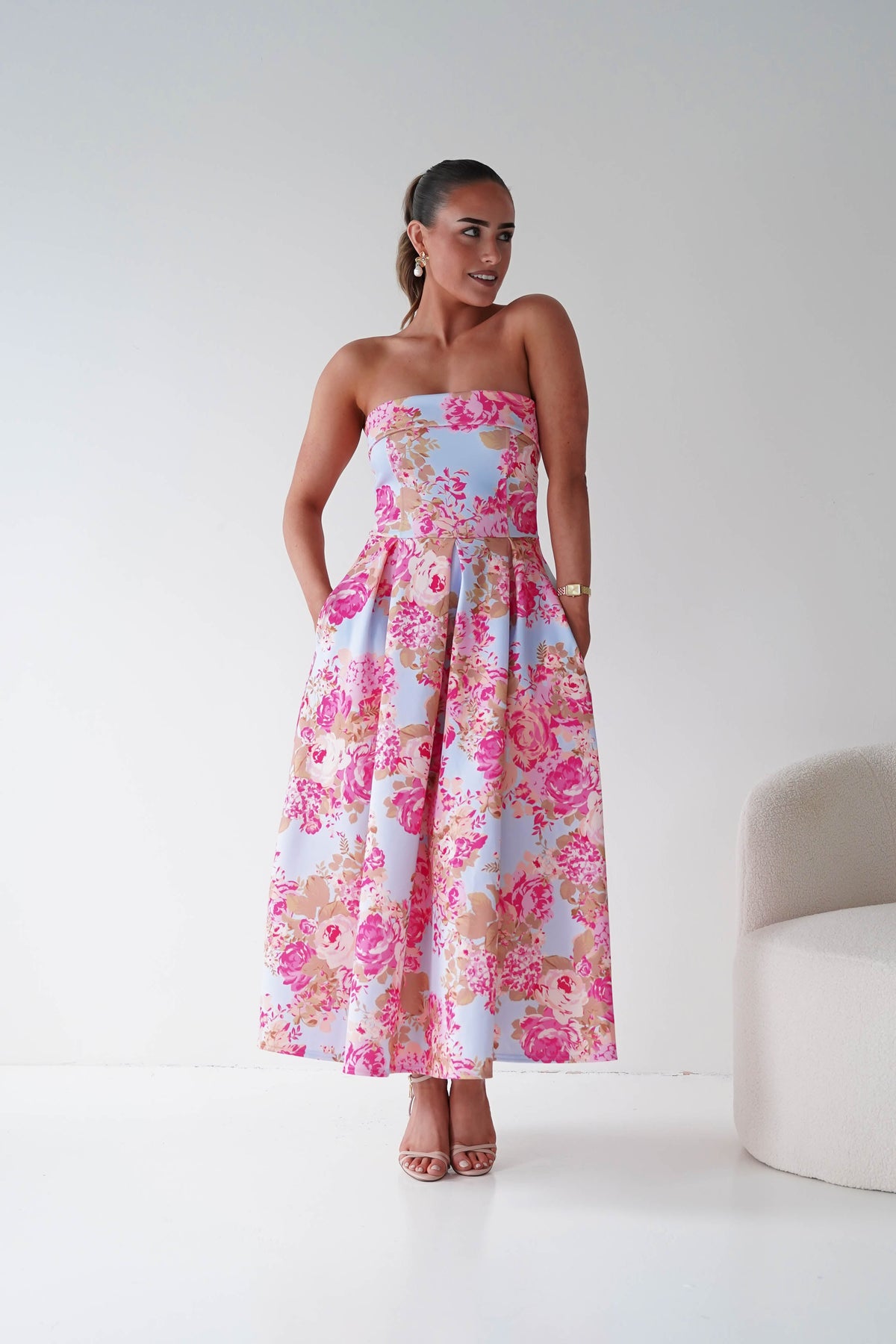 Danni Strapless Bandeau Midi Dress | Blue/Pink-Oh Hello Clothing