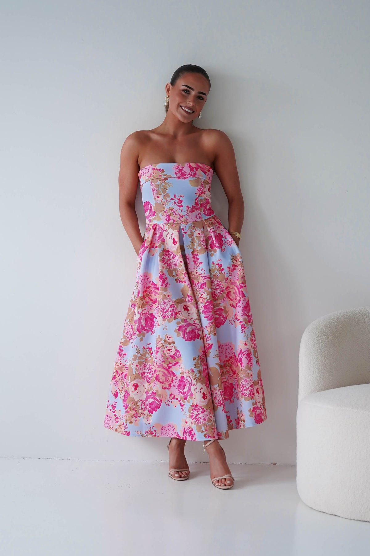 Danni Strapless Bandeau Midi Dress | Blue/Pink-Oh Hello Clothing