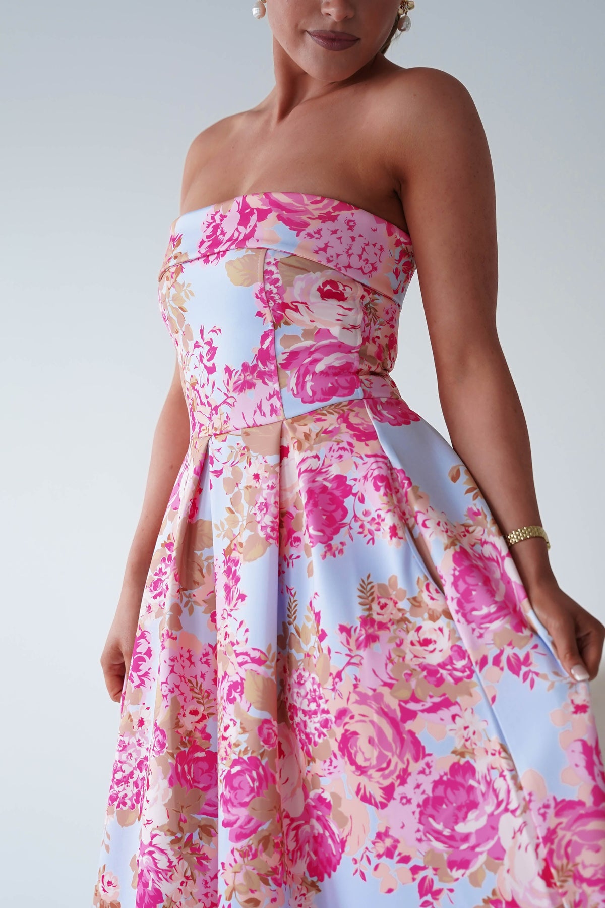 Danni Strapless Bandeau Midi Dress | Blue/Pink-Oh Hello Clothing