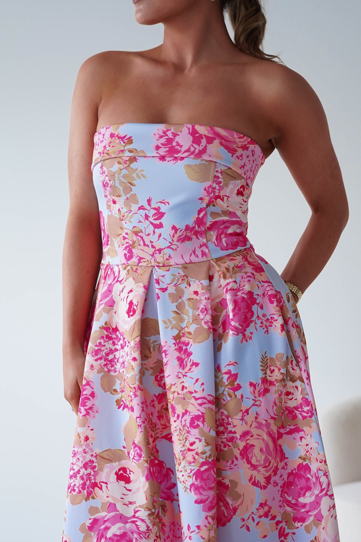 Danni Strapless Bandeau Midi Dress | Blue/Pink-Oh Hello Clothing
