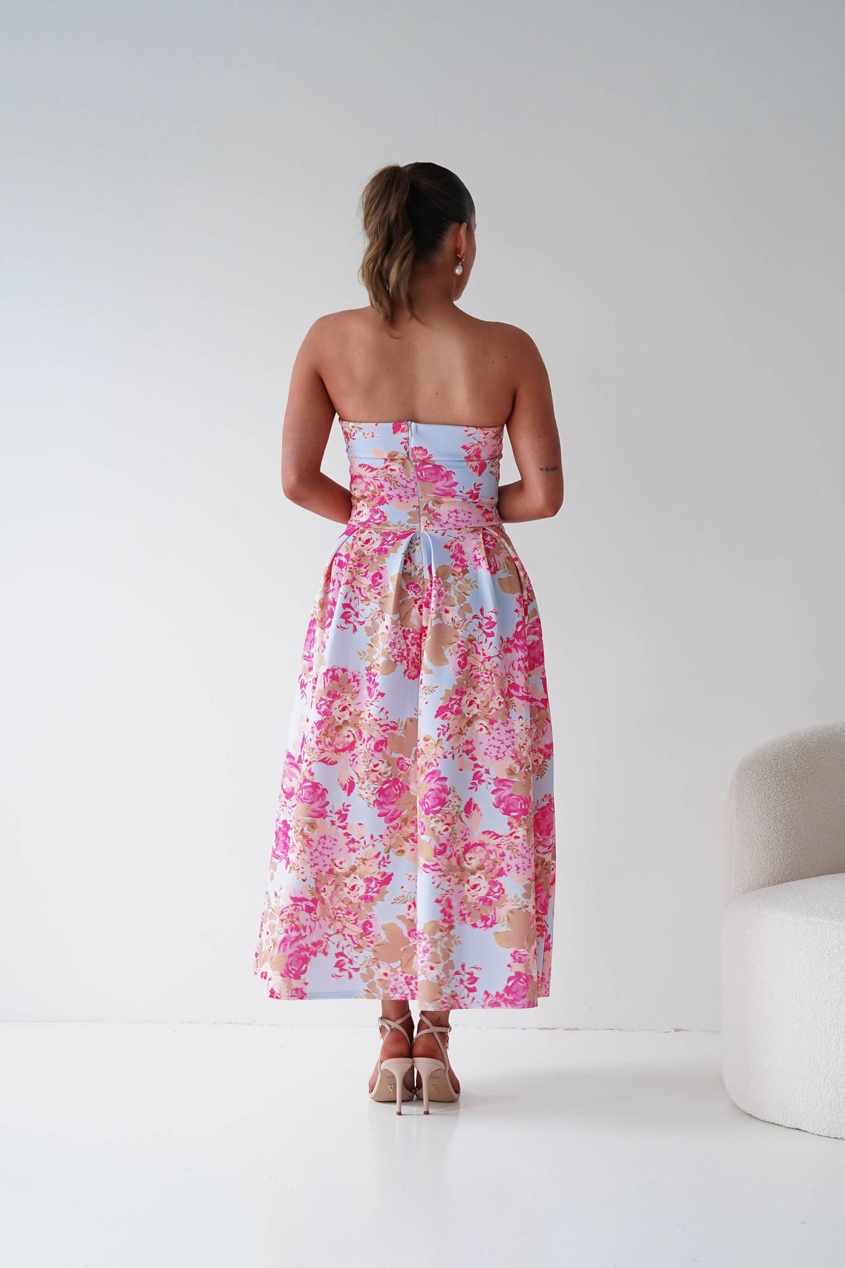 Danni Strapless Bandeau Midi Dress | Blue/Pink-Oh Hello Clothing